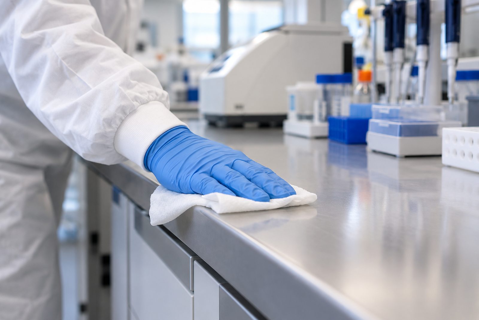 Lab bench seen from low angle with a gloved hand wiping the front edge, instruments softly out of focus behind