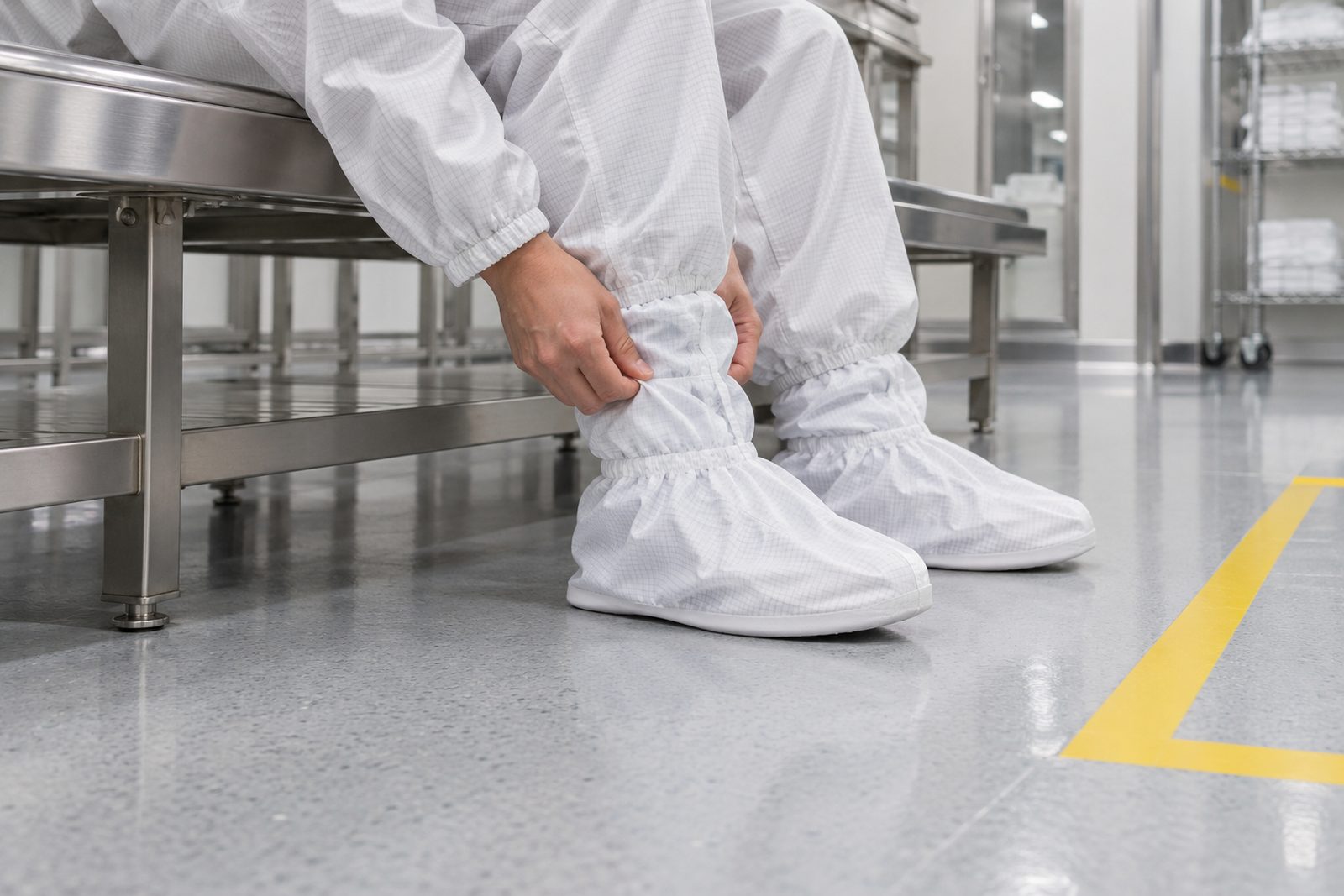 Close view of white cleanroom boot covers and shoes at a gowning bench with a yellow floor line, bright light