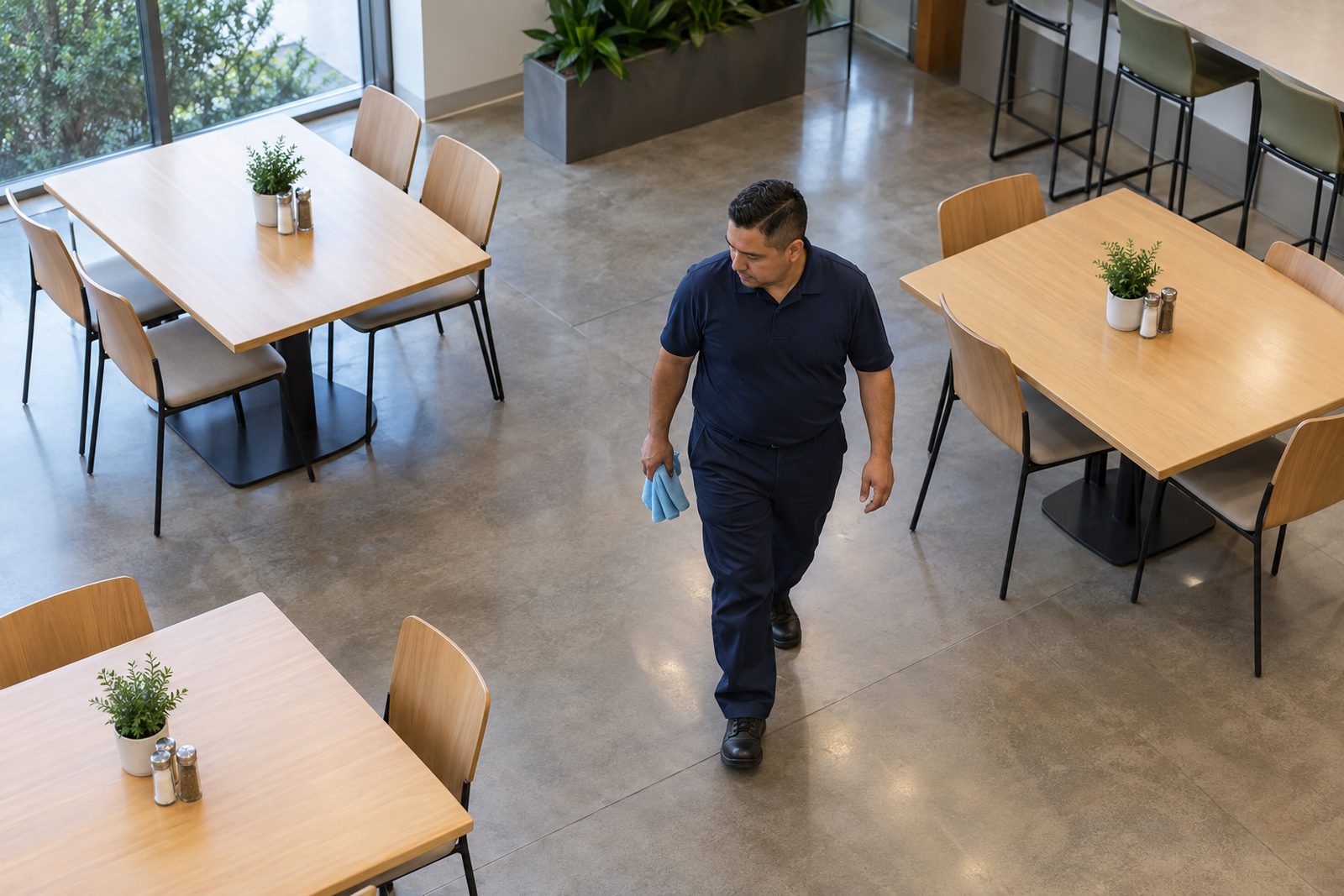 Overhead view of office cafe tables wiped and set, a Hispanic custodian in navy walking between them with a cloth