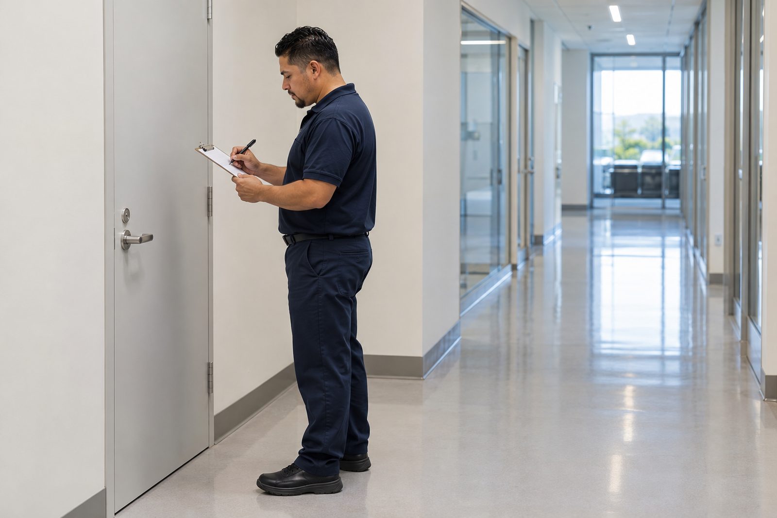 Hispanic crew member in navy checking a paper checklist beside a locked supply closet in a bright corridor, side view
