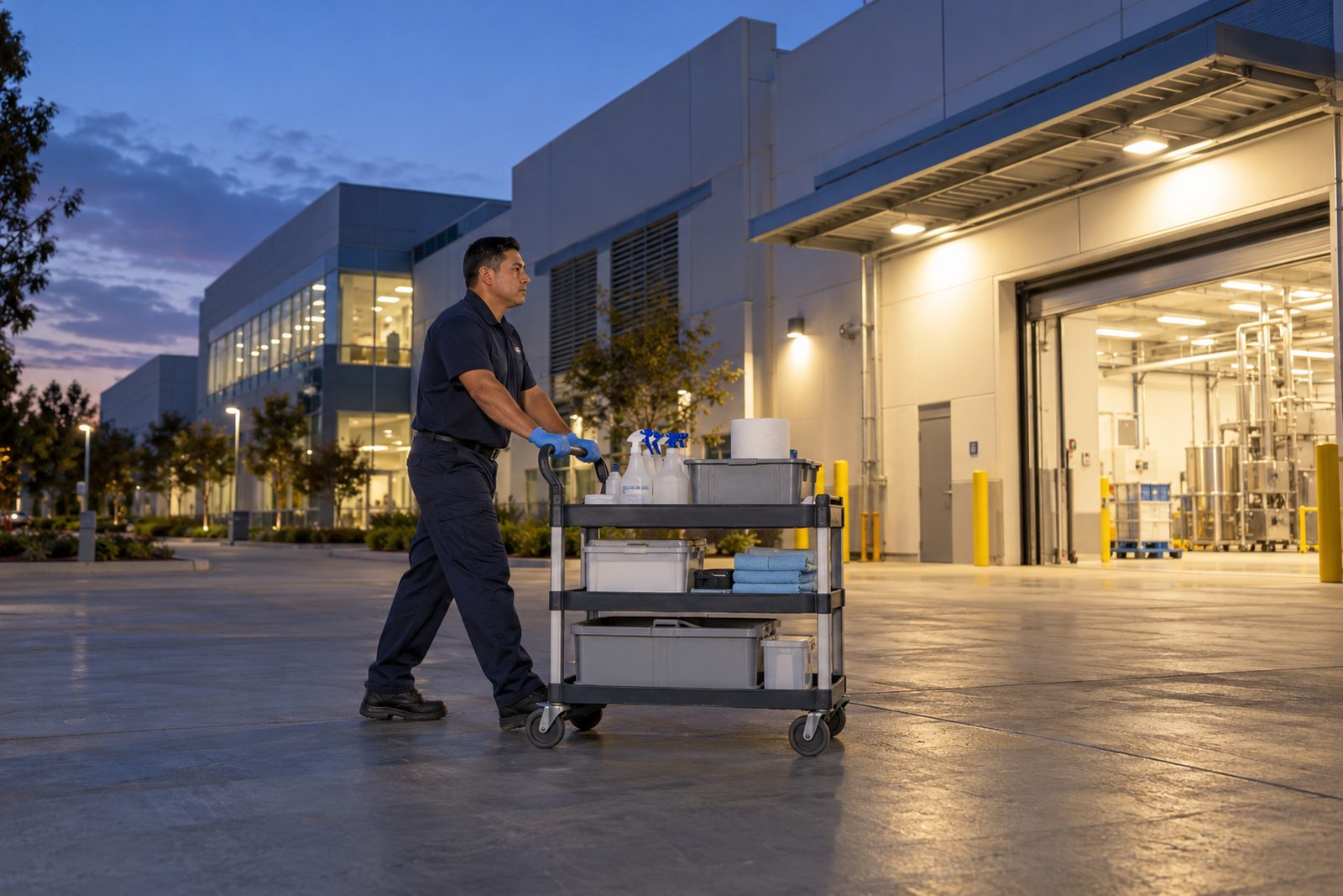 Dusk exterior of a pharma plant with a lit loading bay and a Hispanic crew member in navy rolling a cart across the lot