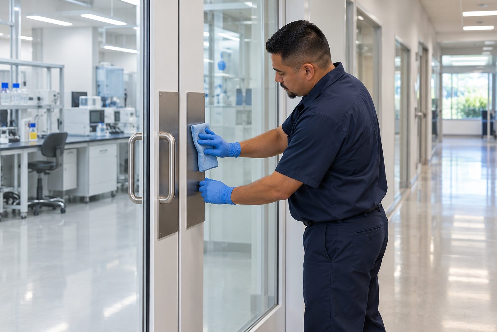 Pair of glass lab doors with steel push plates in a quiet corridor, a Hispanic worker in navy wiping a plate, wide shot