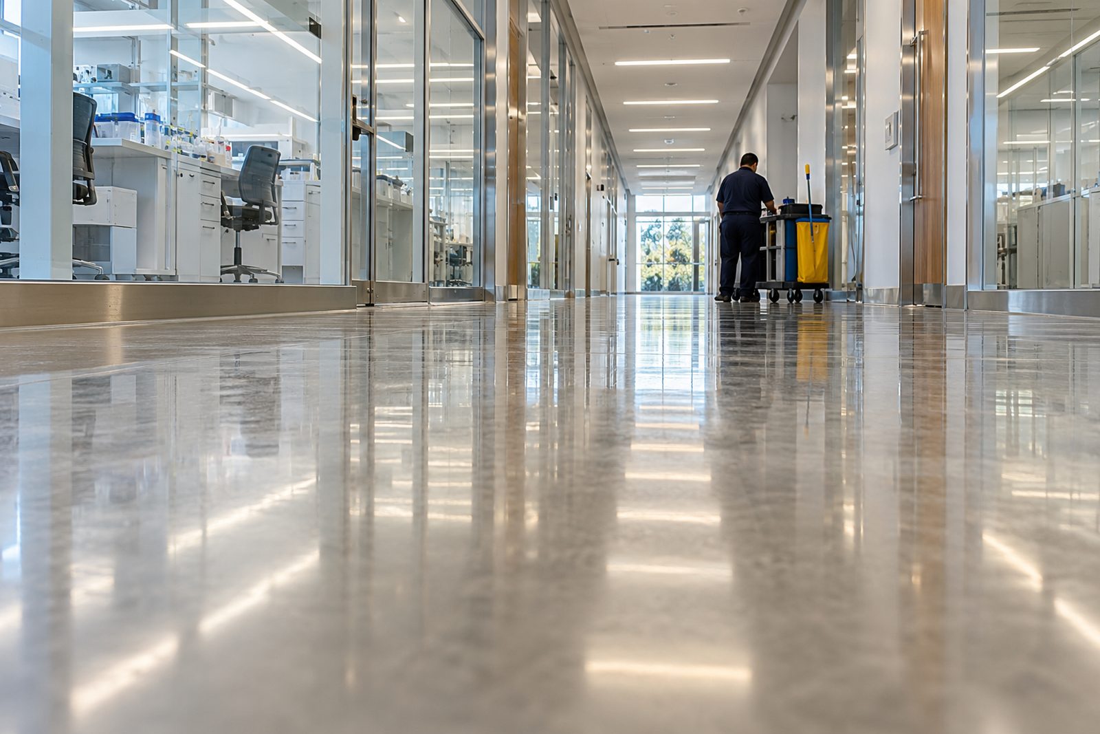 Low angle across a polished concrete corridor floor with long reflected ceiling lights and a distant cleaning cart