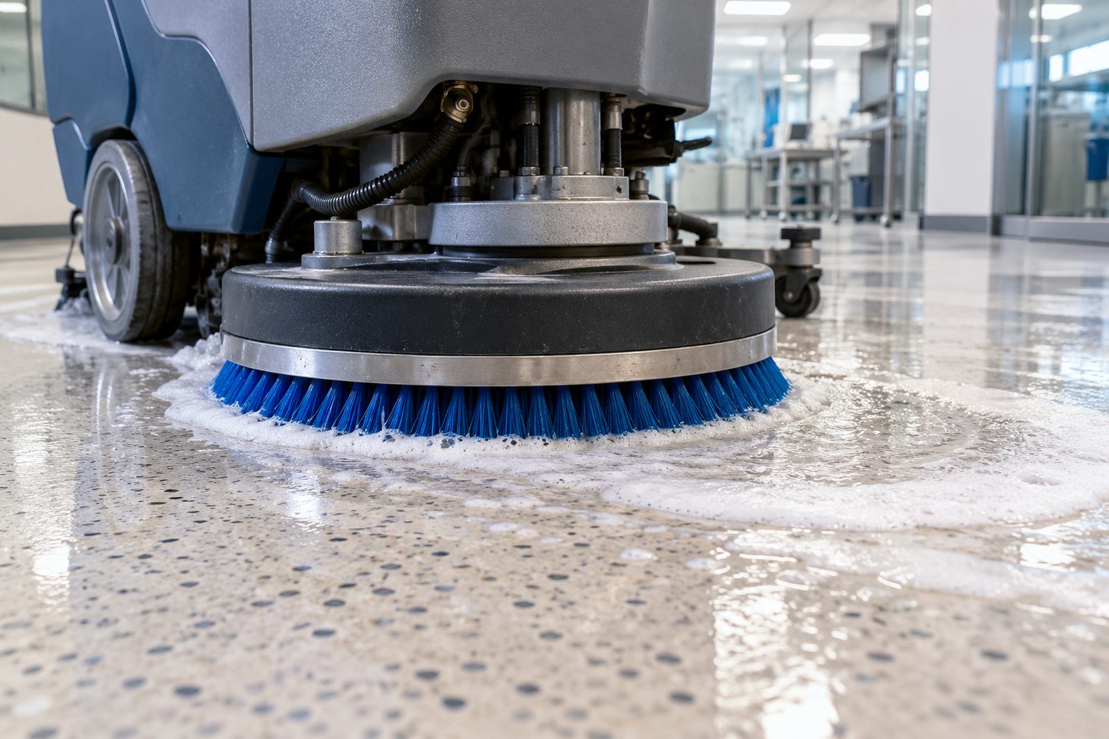 Close view of a floor scrubber brush with soapy foam on a pale terrazzo floor, bright studio-like light