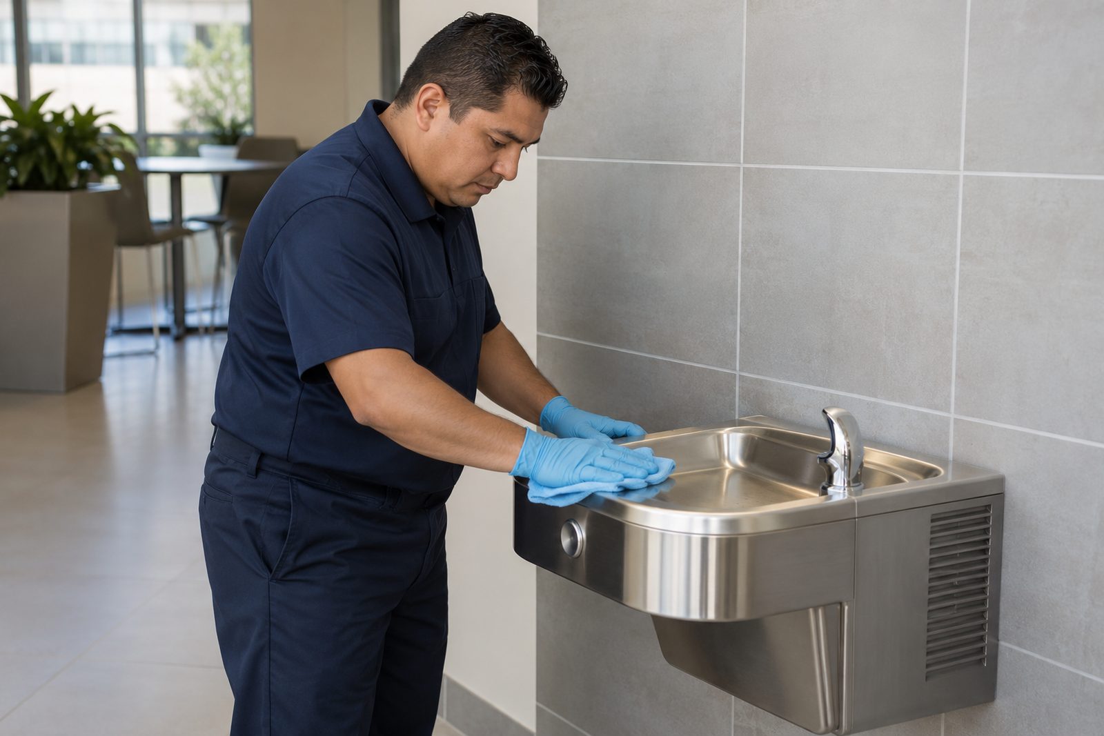 Stainless drinking fountain and tiled wall in a clean break area, a Hispanic custodian wiping the basin edge