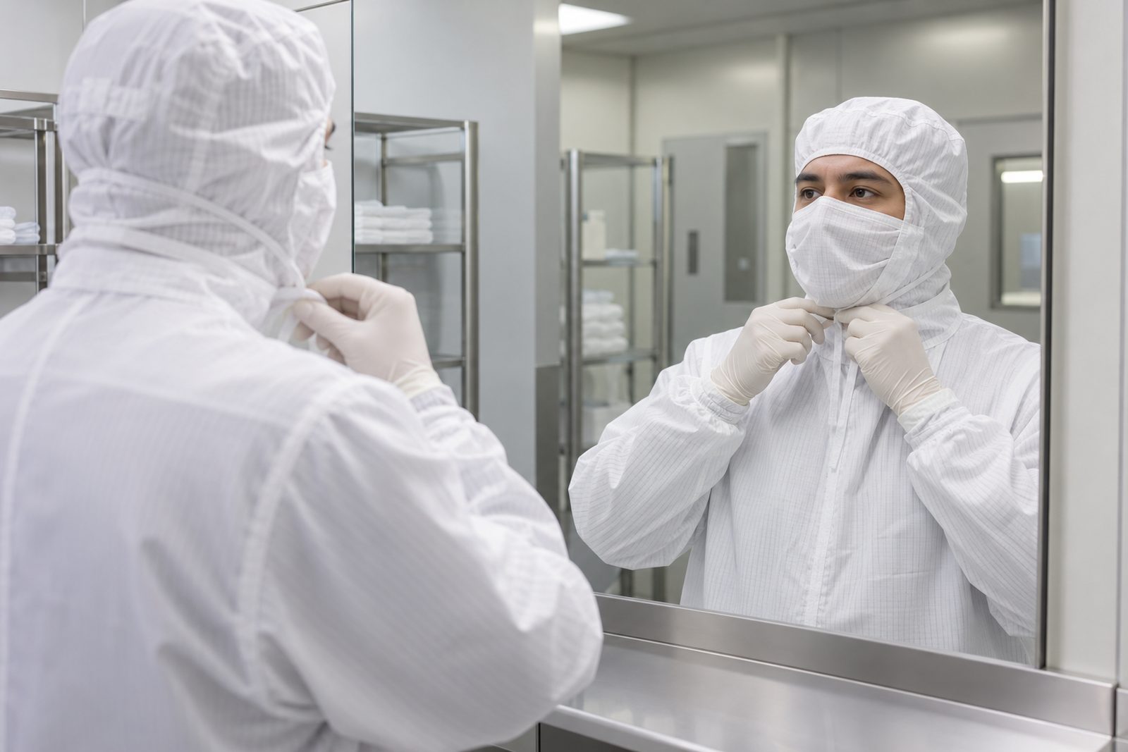 Hispanic technician in white garb tying the hood strings, mirror reflection in a clean gowning room, soft light
