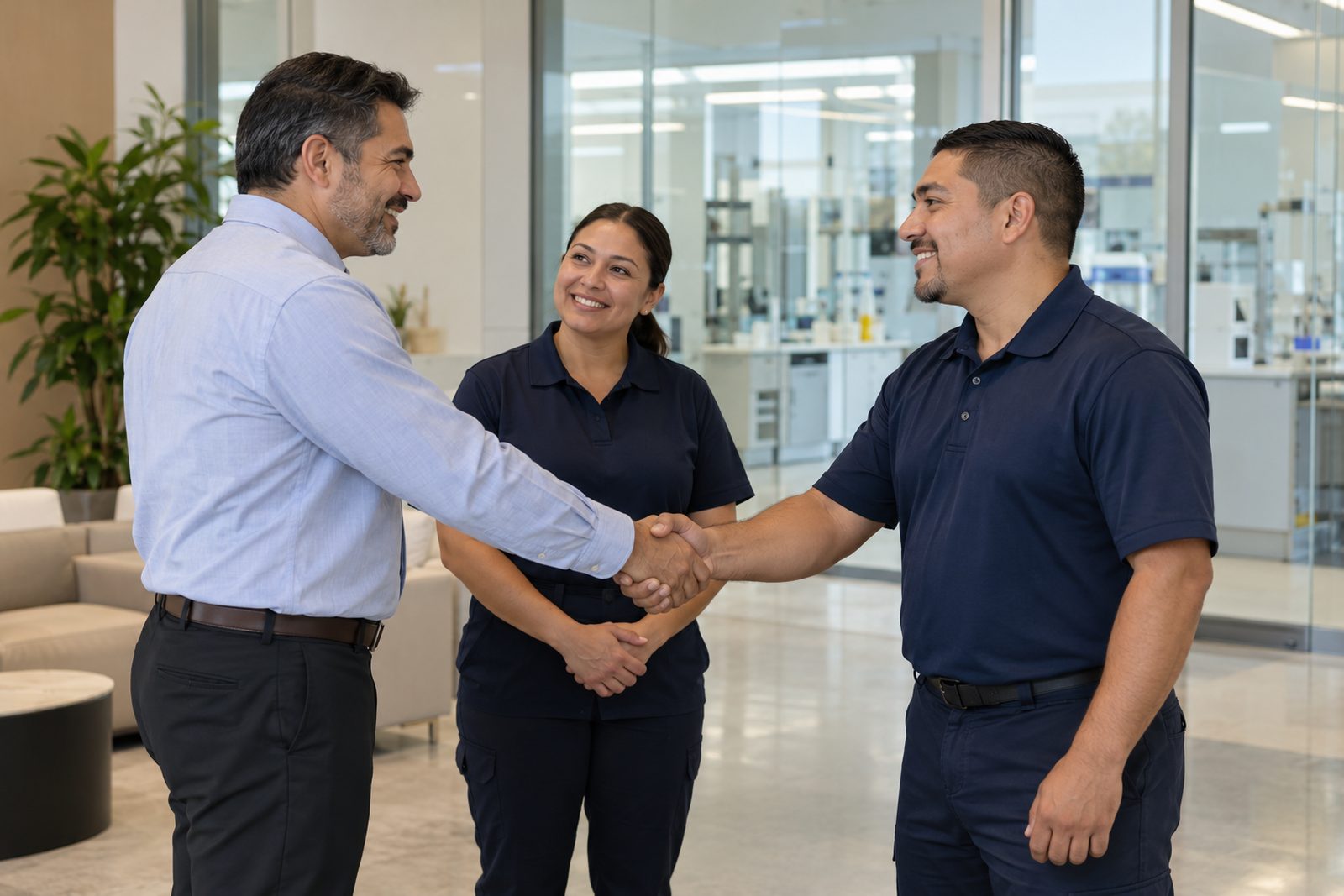 Two Hispanic crew members in navy, a man and a woman, shaking hands with a client in a lab lobby, candid