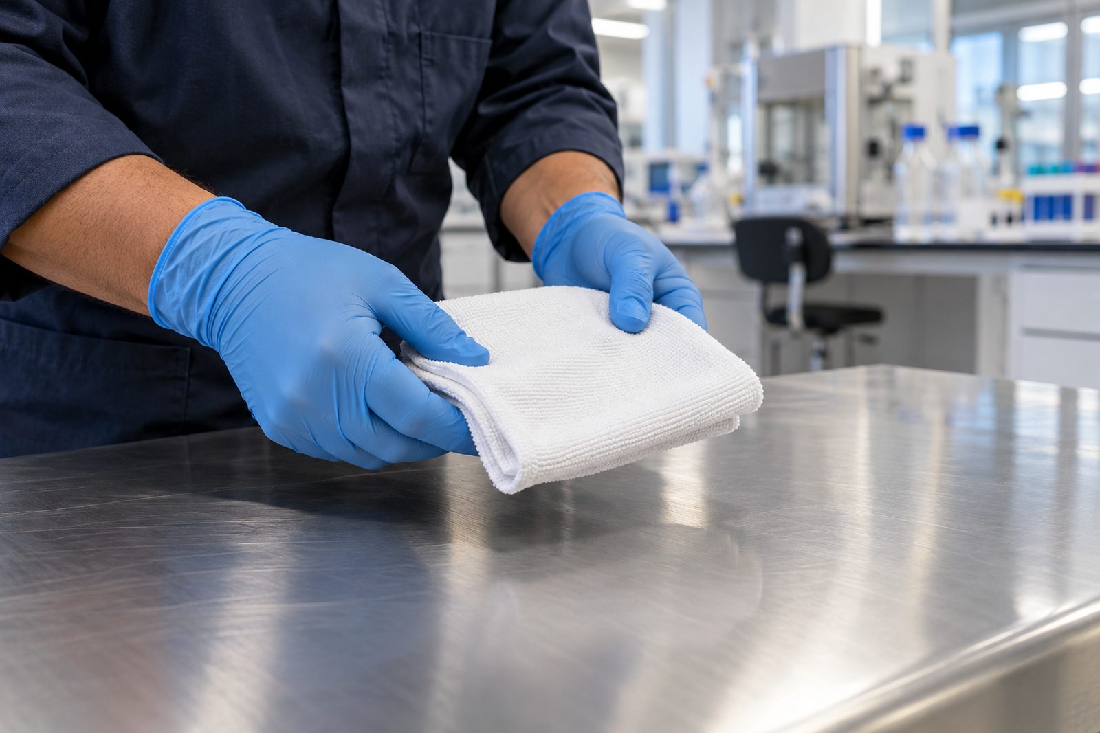 Close view of a Hispanic worker's gloved hands holding a clean microfiber cloth folded into quarters over a steel table