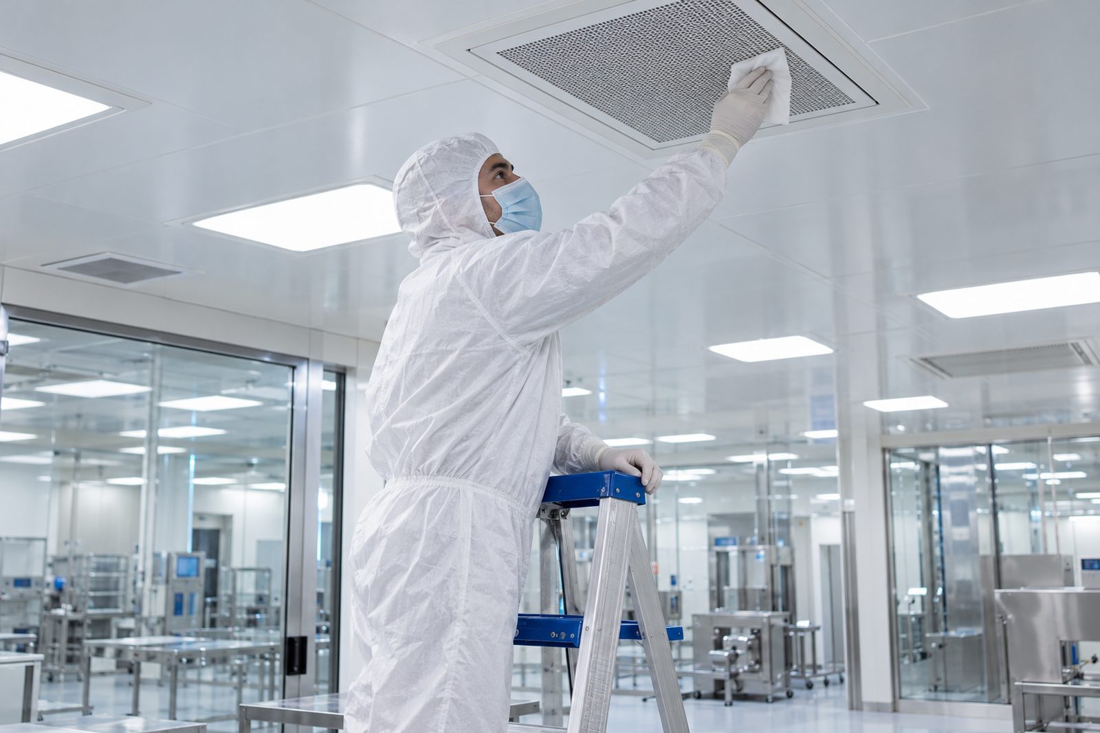 Technician in white coverall on a stepladder reaching up to wipe a HEPA ceiling diffuser in a bright cleanroom