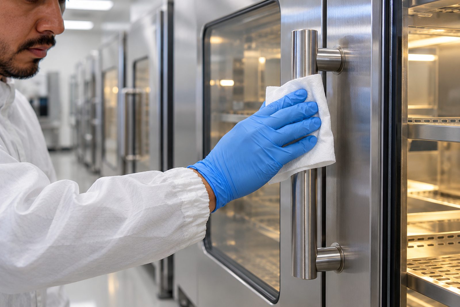 Close view of a stainless incubator door handle being wiped by a gloved hand, row of incubators blurred behind