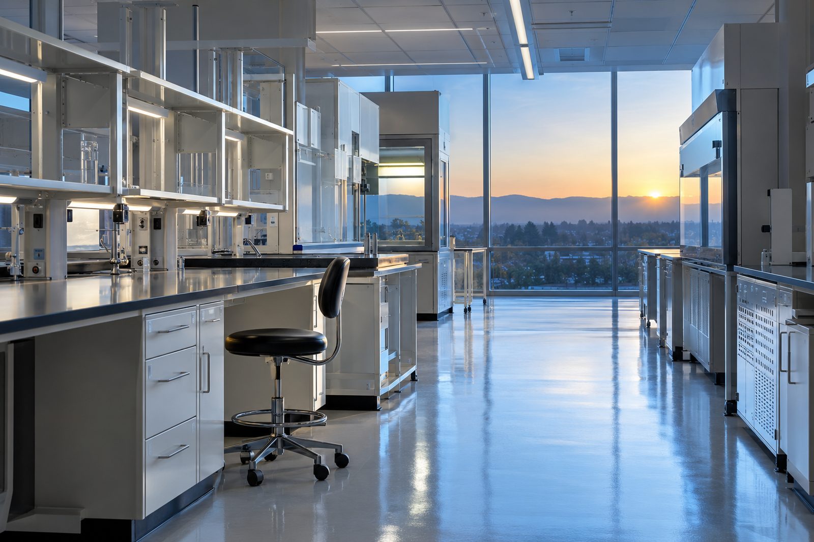 Empty biotech lab at dawn, benches wiped and clear, soft blue morning light across the floor and a single stool