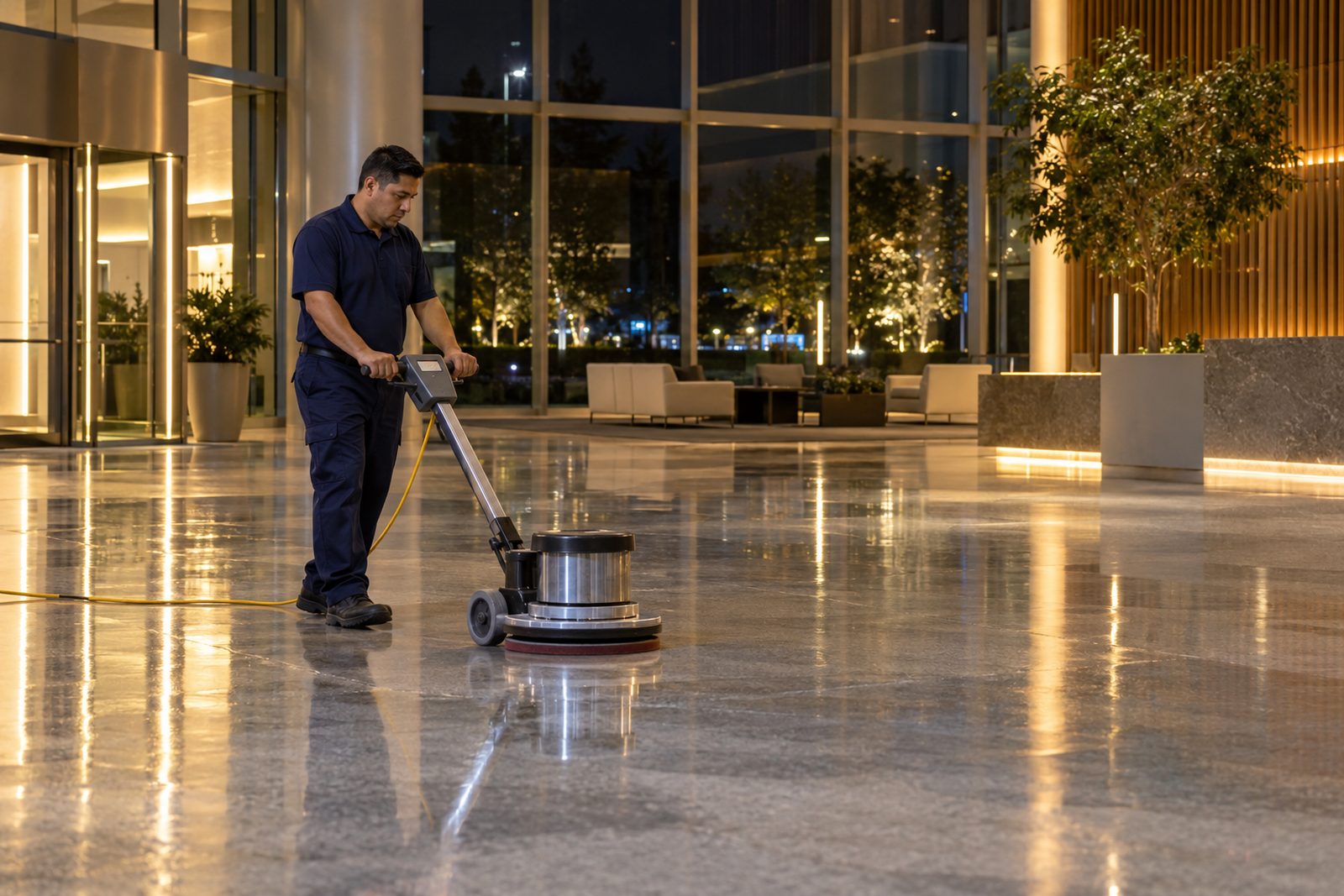 Wide lobby at night with warm lights and a Hispanic night porter in navy buffing the floor, long reflections