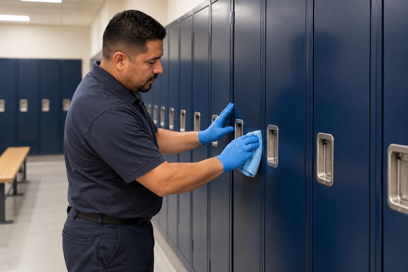 Row of clean navy lockers in a locker room, a Hispanic worker wiping a handle, warm even light