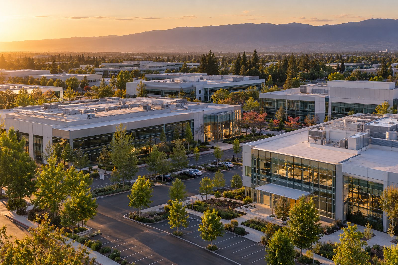 Aerial view of a Santa Clara industrial park with low glass buildings at golden hour, neat and quiet