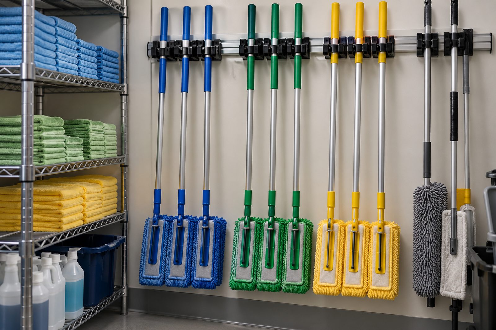 Neat wall rack of color-coded mops and microfiber handles in a janitor closet with soft light, tidy and orderly