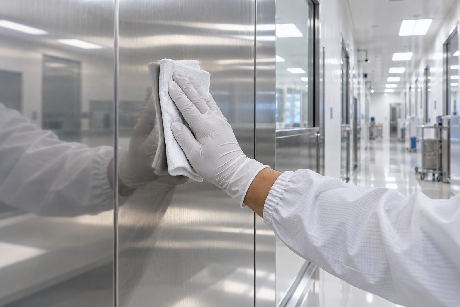 Reflection of a clean white corridor in a mirror-finish steel panel with a gloved hand wiping, abstract and calm