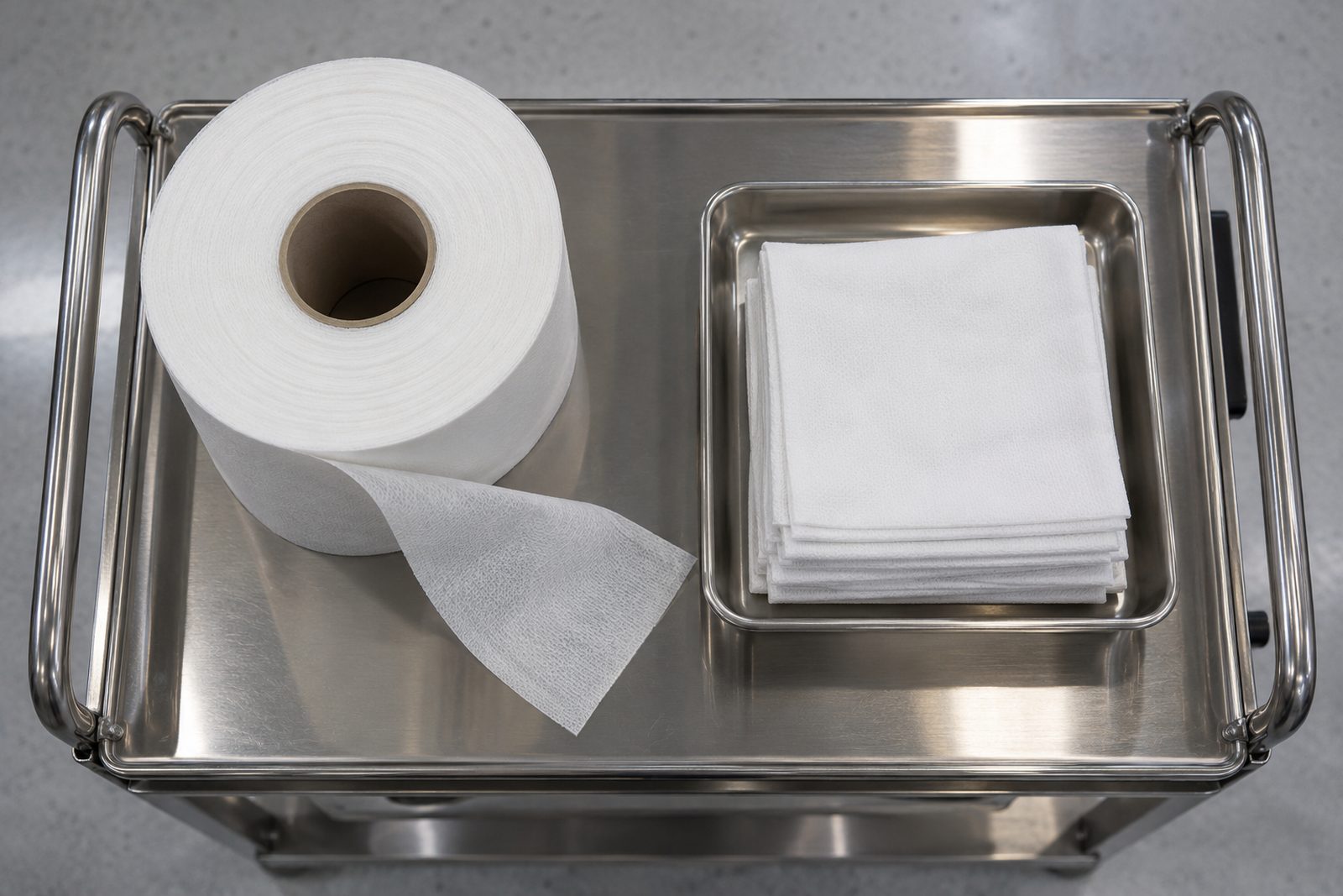 Top-down view of a roll of sterile wipers and a stainless tray of folded cloths on a cleanroom cart, neat symmetrical layout