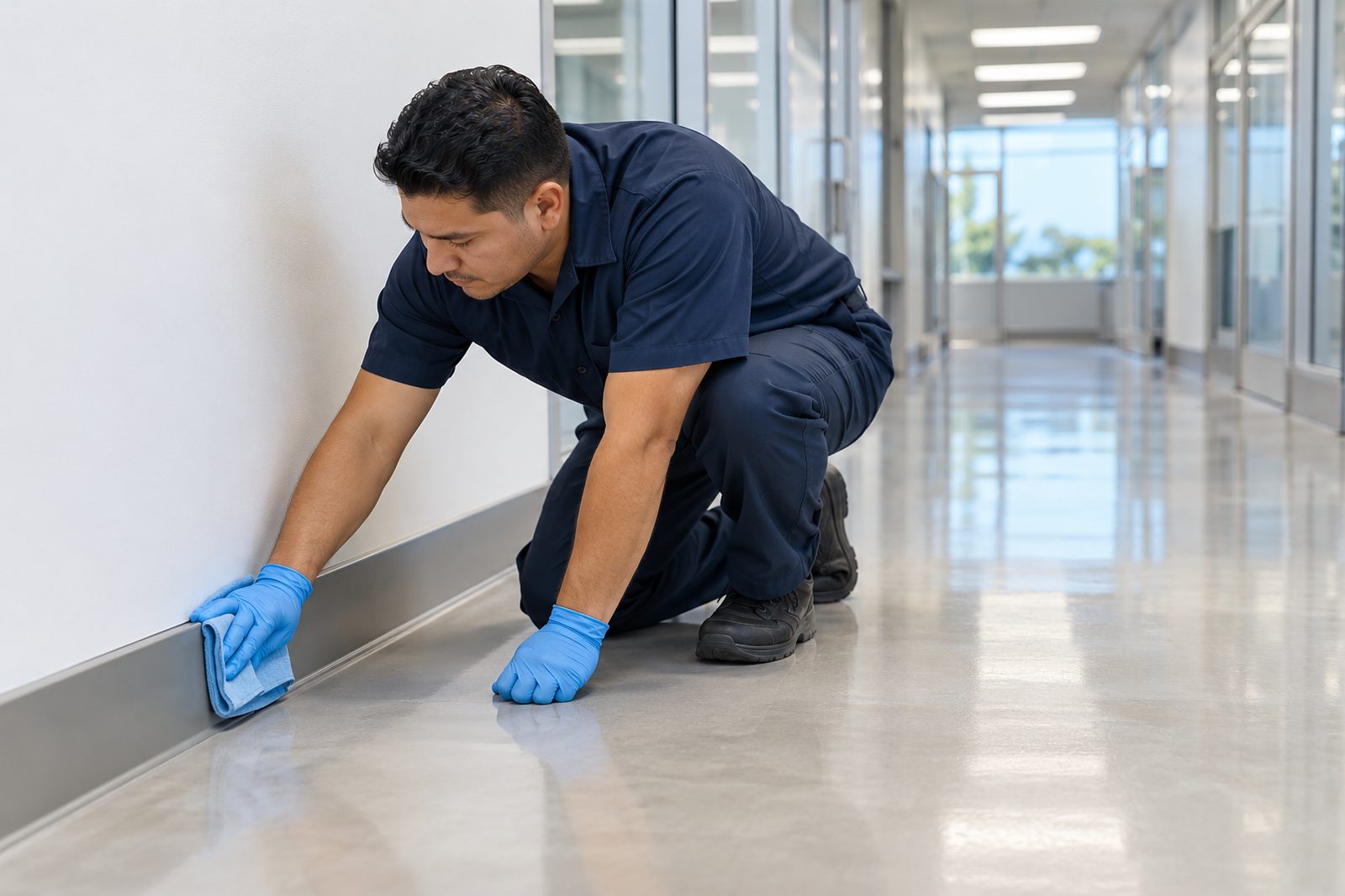 Hispanic worker in navy kneeling to wipe a baseboard along a clean corridor wall, low angle, soft daylight