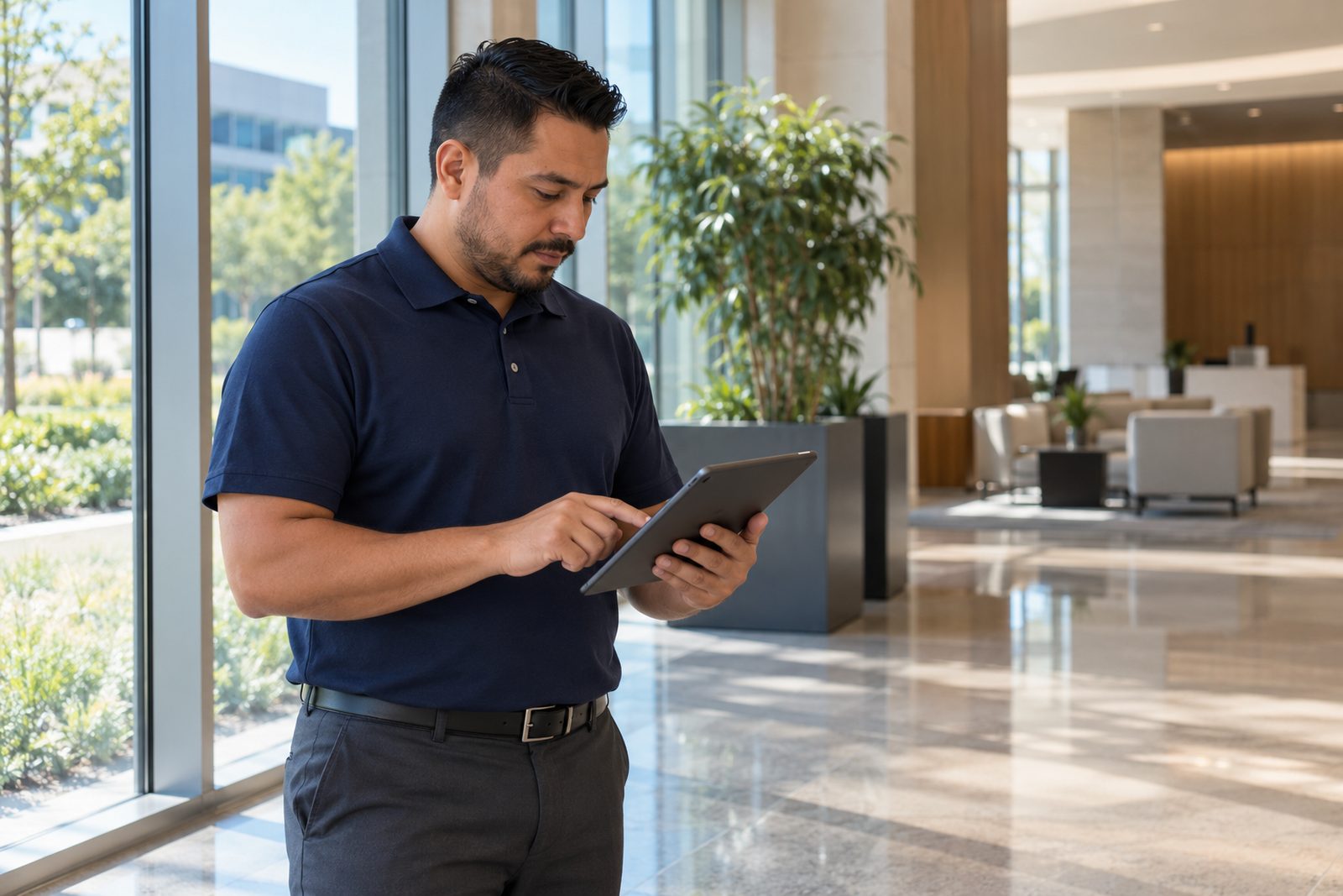 Hispanic supervisor in navy polo reviewing a schedule on a tablet at the window of a quiet lobby, side light