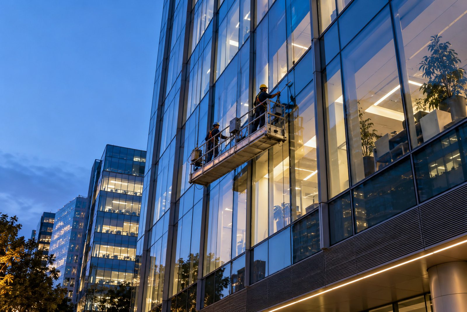 Glass office tower at blue hour viewed upward from the street with a window-washing lift against it