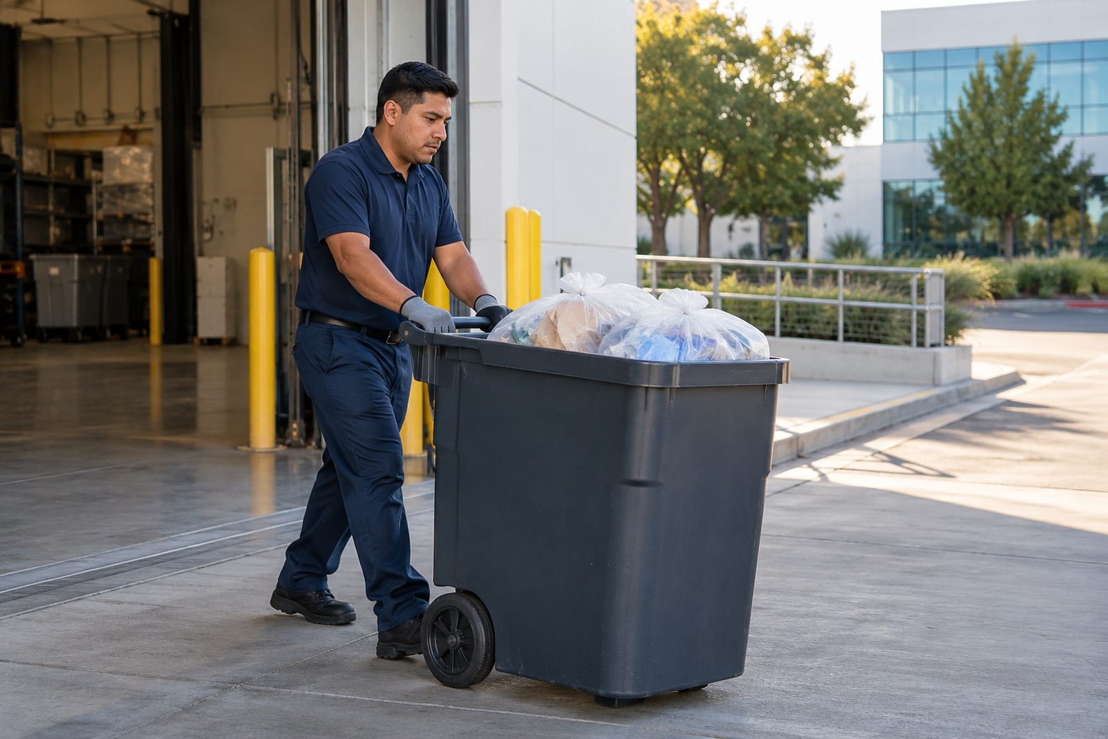 Hispanic worker in navy wheeling a bin of sealed recycling out of a loading bay, morning light, tidy scene