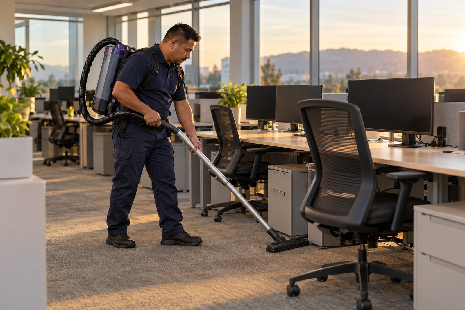 Hispanic operator in navy using a backpack vacuum under office desks in warm evening light, wide angle