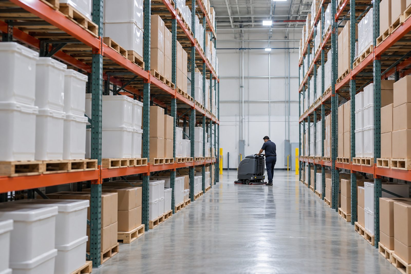 Pharma warehouse aisle with tall racks and a clean swept floor, a Hispanic worker in navy with a floor scrubber far away