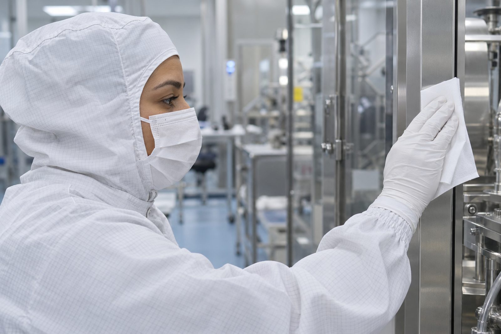 Hispanic woman in white cleanroom garb wiping a stainless equipment frame, close side profile, calm focus