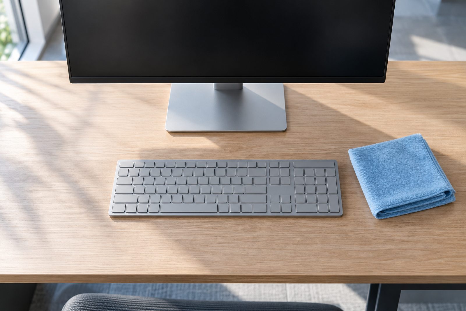Overhead view of a clean empty office desk with a monitor, a keyboard and a folded microfiber cloth, soft daylight