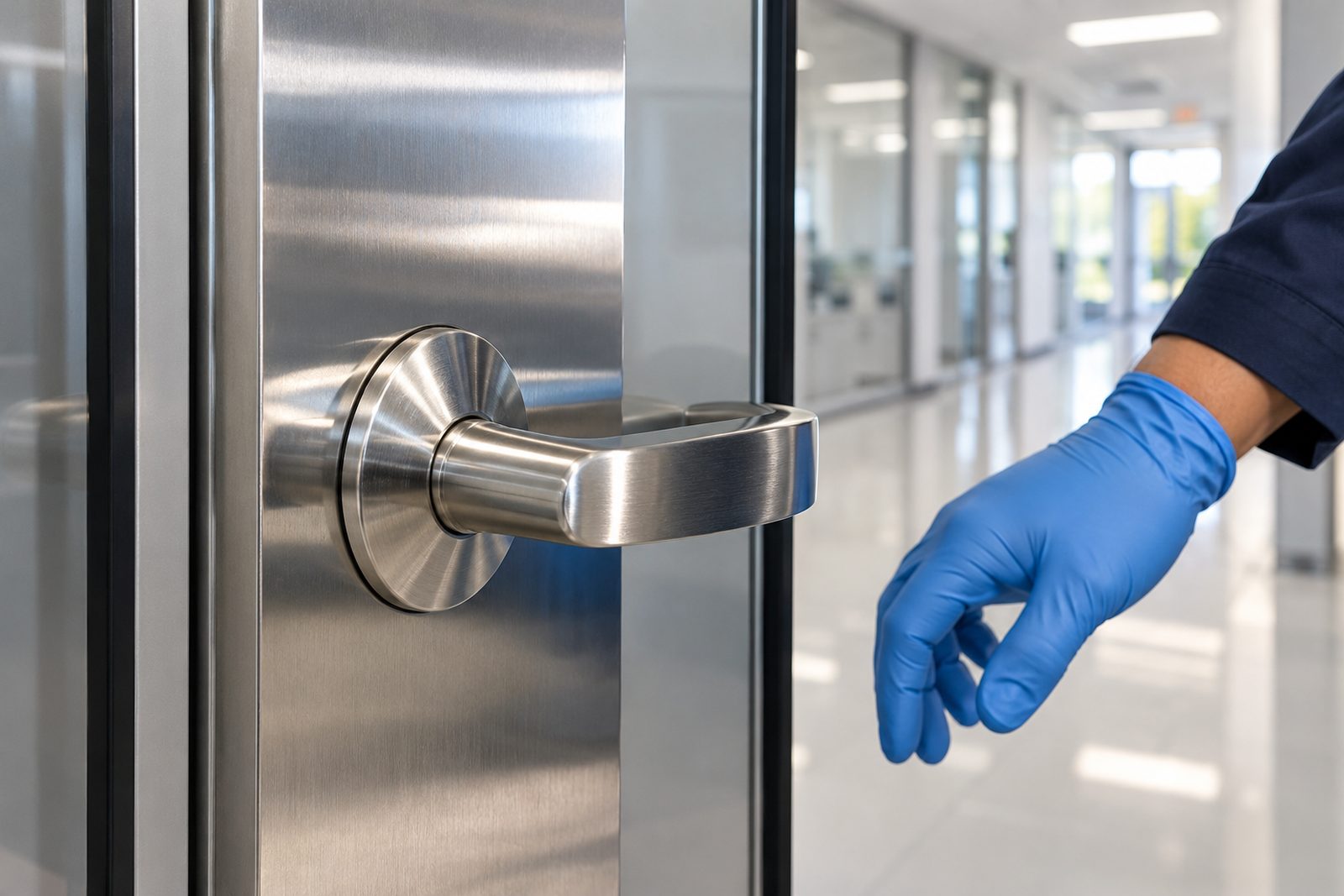 Detail of a gleaming stainless steel door handle and push plate reflecting an office corridor, a gloved hand leaving