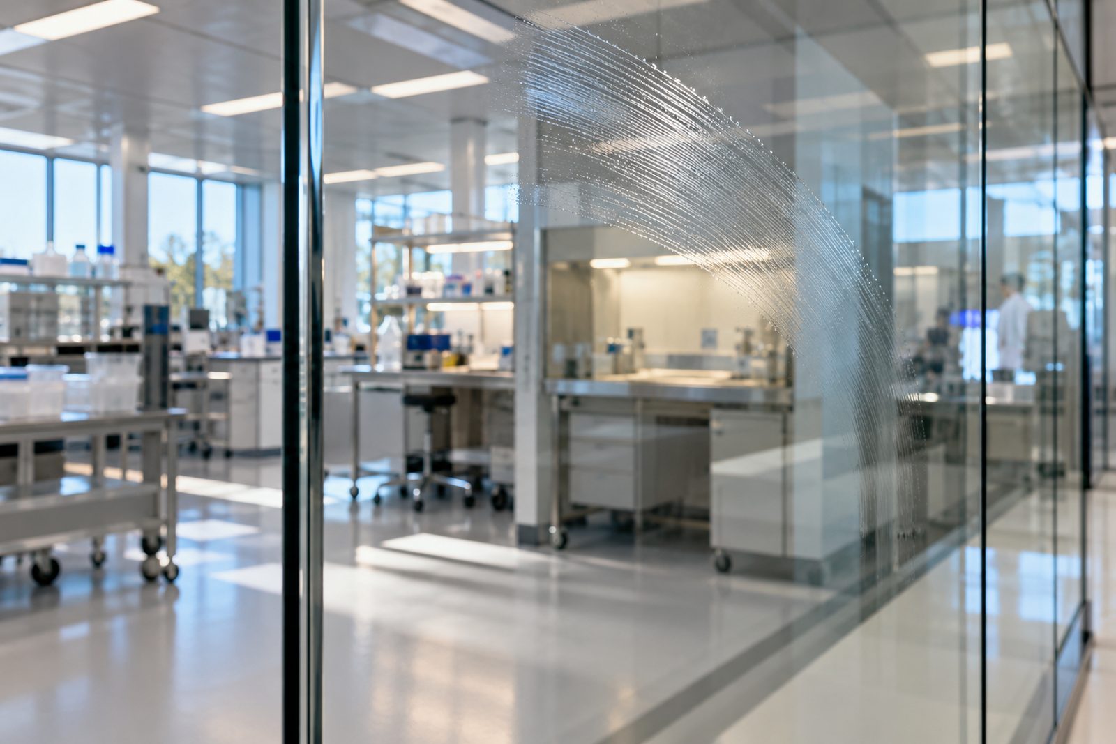 Detail of a freshly cleaned glass partition with a squeegee mark and a soft reflection of a lab beyond