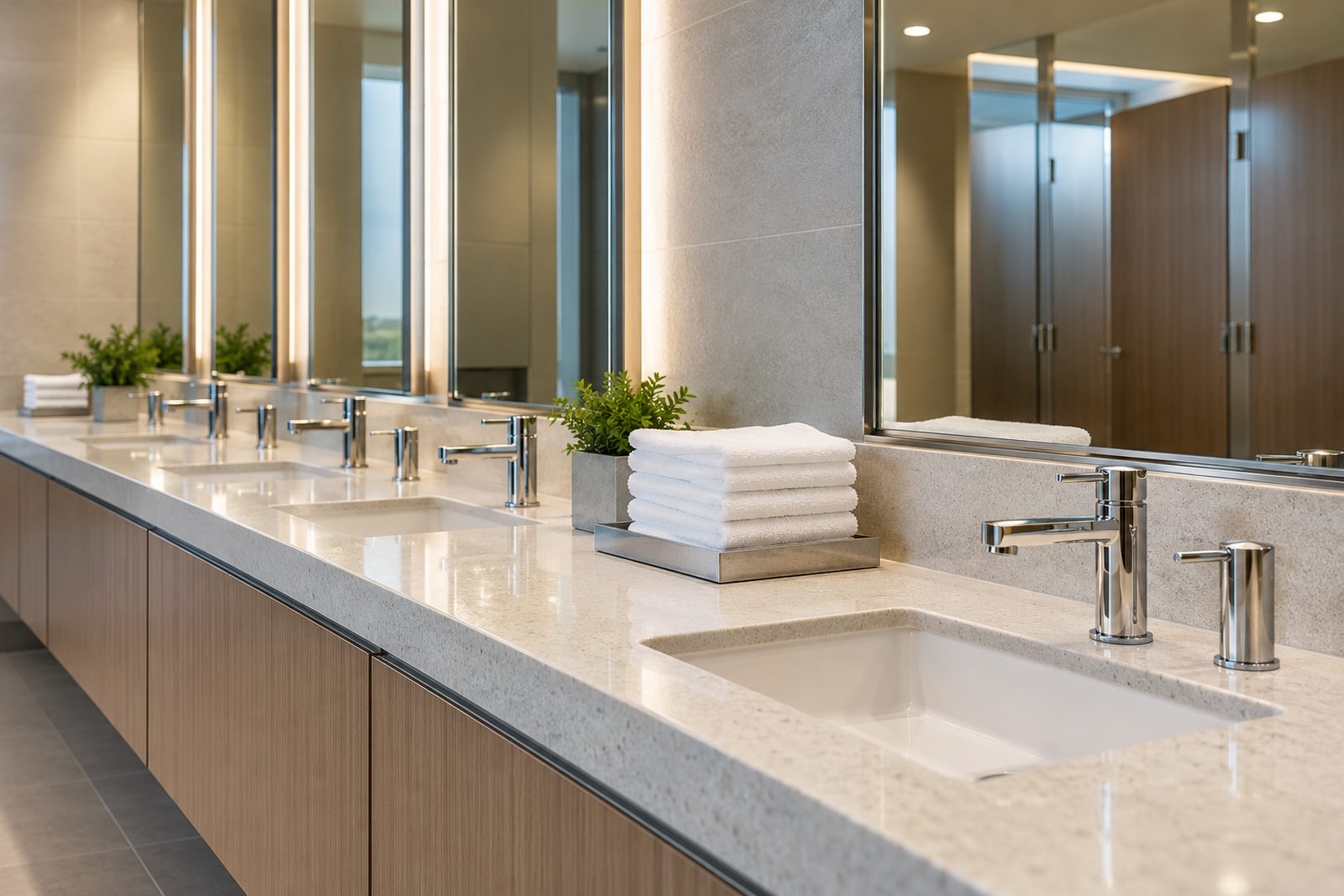 Detail of a clean restroom counter with a row of sinks and mirrors, even morning light, a folded towel stack