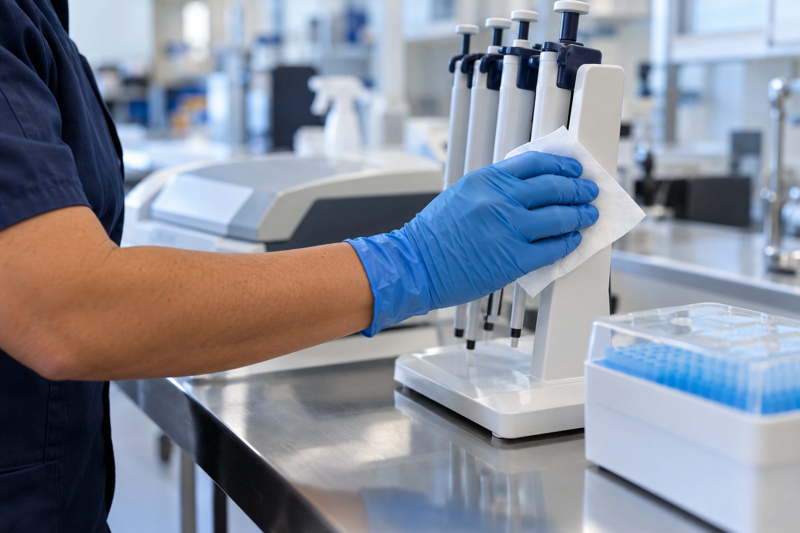 Detail of a tidy lab bench with closed instruments and a gloved hand wiping a pipette rack, shallow focus