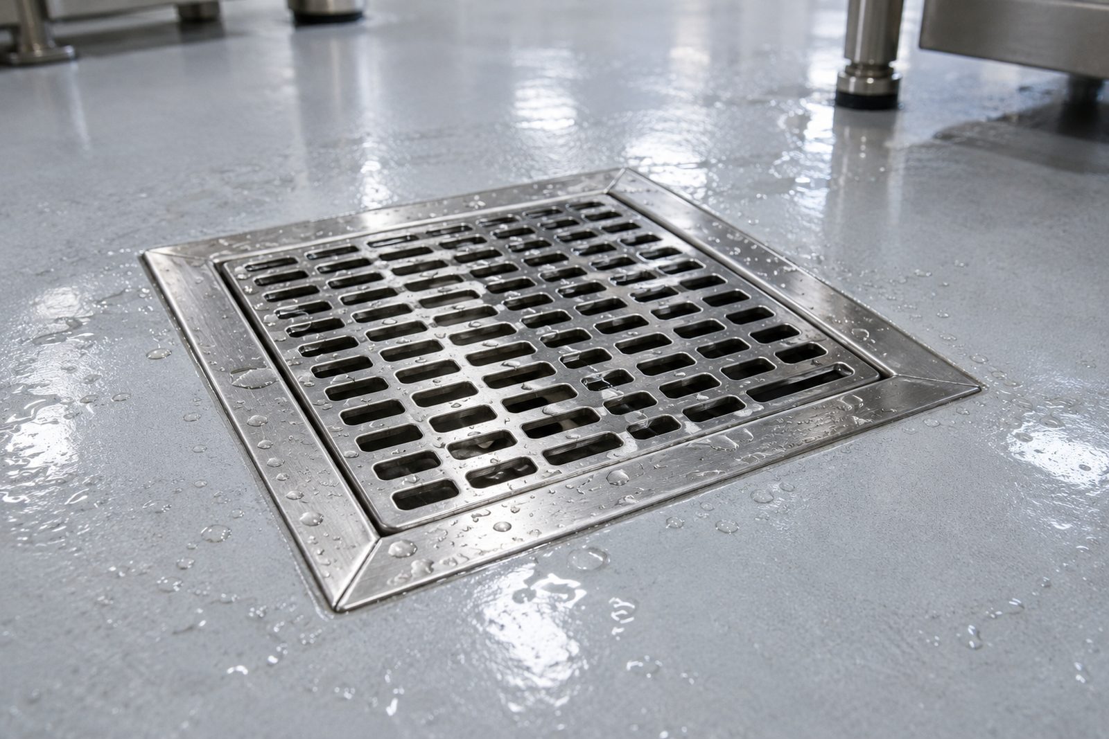 Detail of a spotless stainless steel drain and floor grate in a pharma wash-down room, water droplets, even lighting