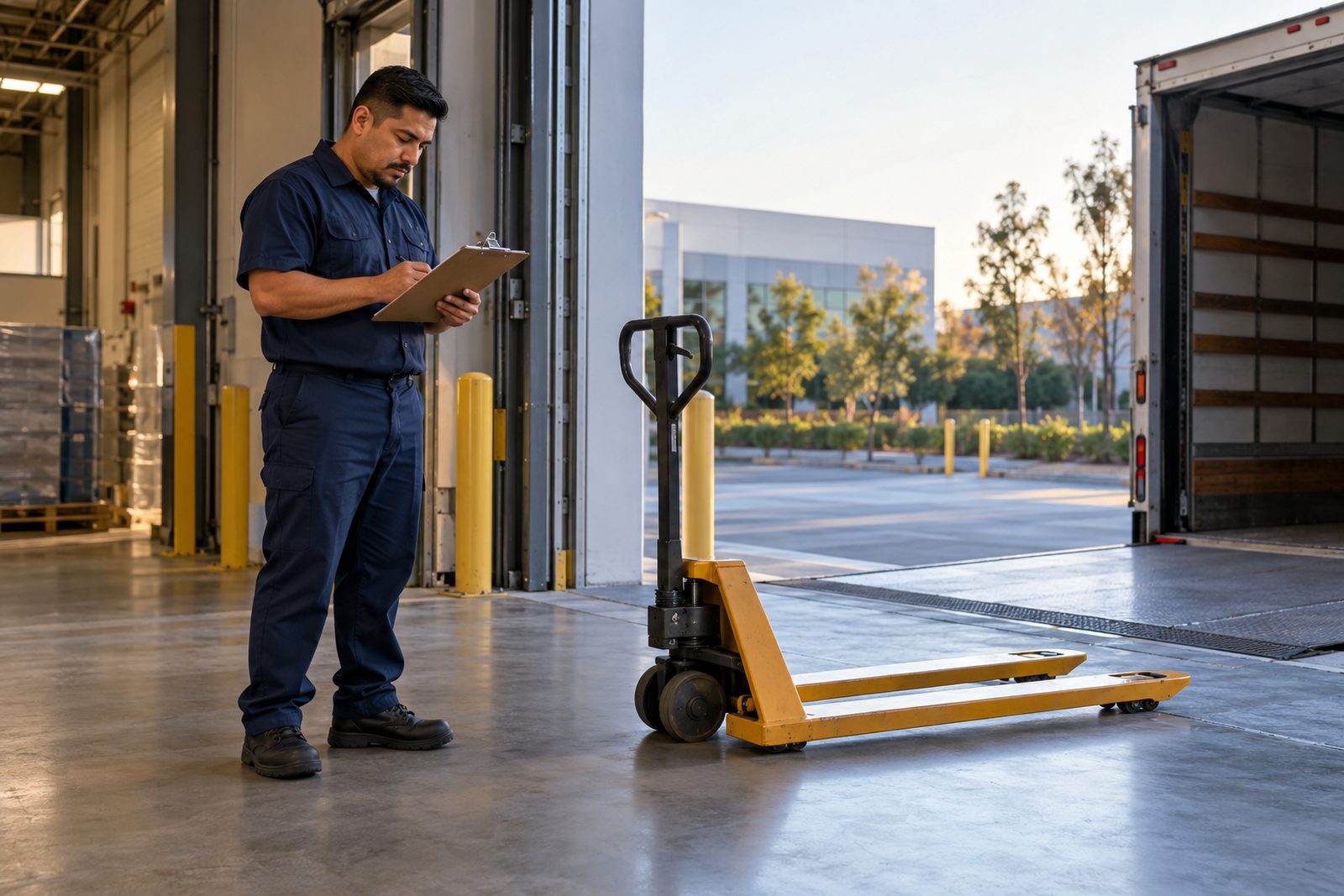 Early-morning loading dock with a swept concrete floor and pallet jack, a Hispanic crew member in navy checking a clipboard