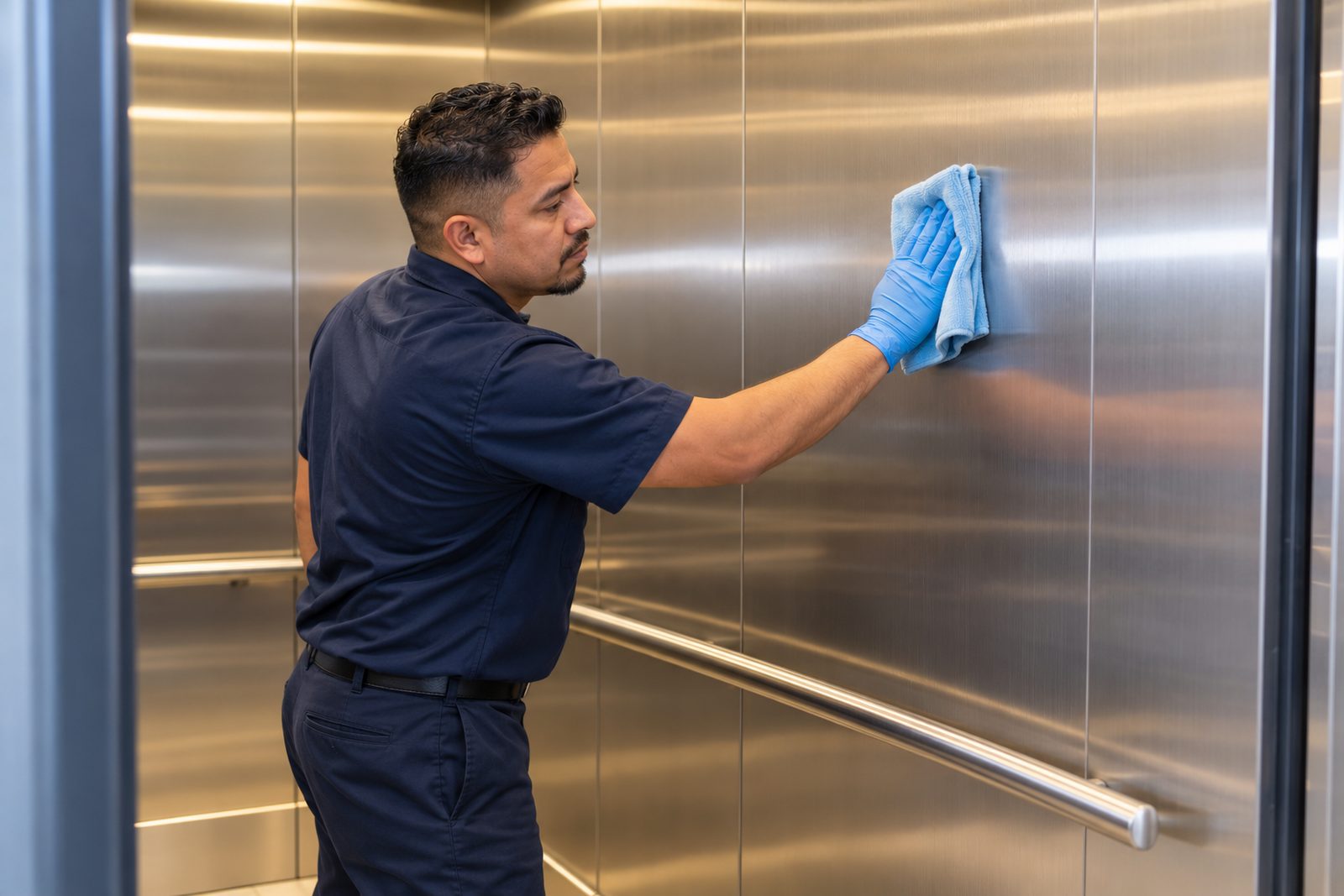 Brushed steel elevator interior being wiped by a Hispanic custodian in navy, reflections warm and clean