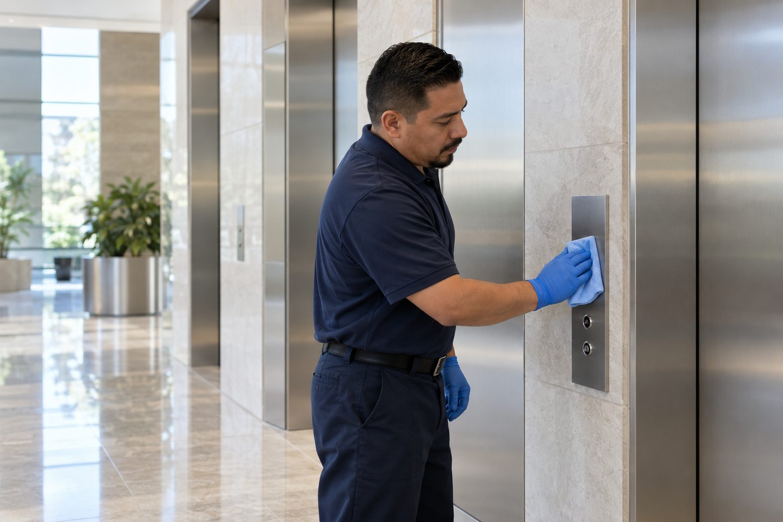 Elevator lobby with polished stone floor and brass-free steel doors, a Hispanic day porter wiping the call panel