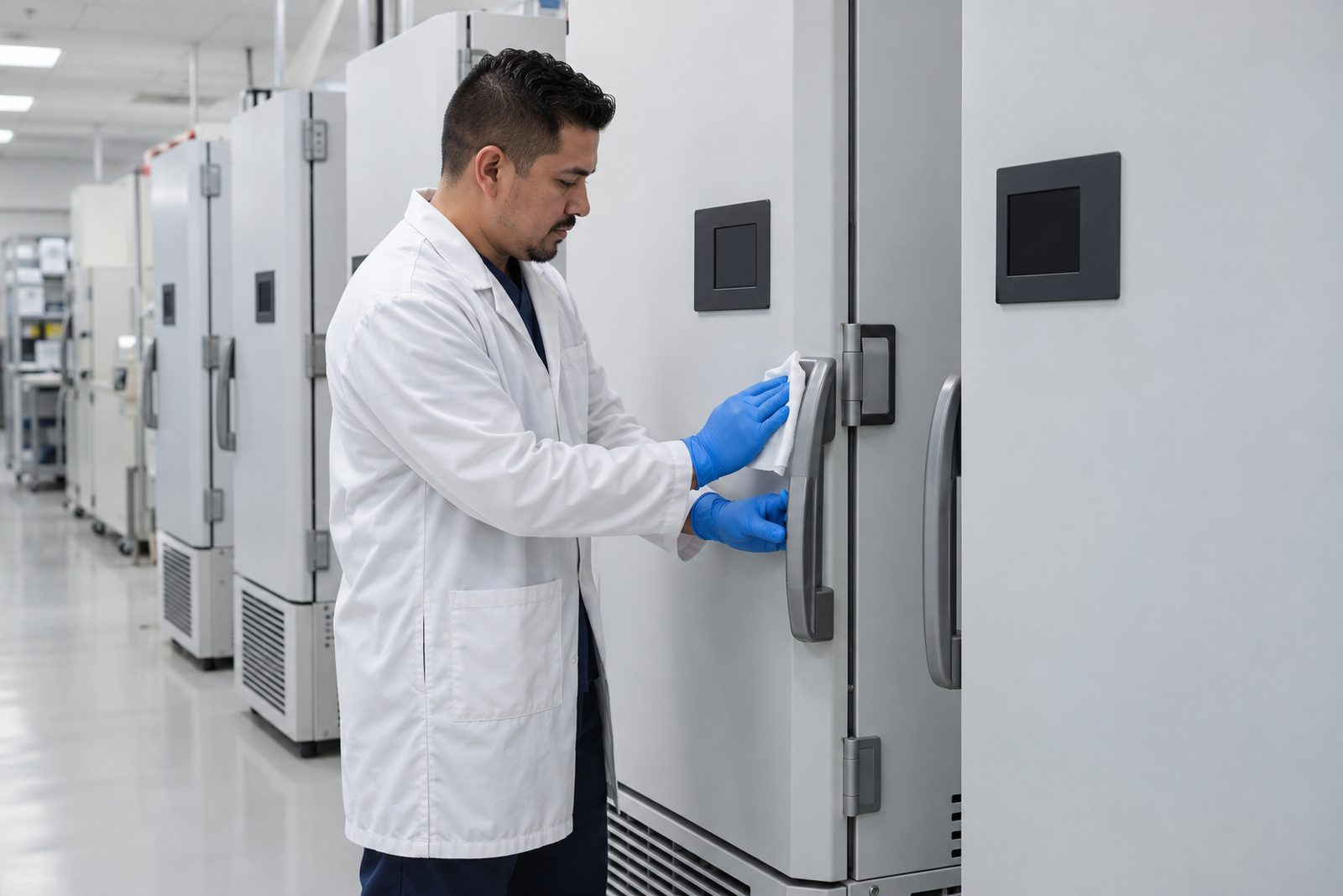 Row of ultra-low freezers in a lab corridor, a Hispanic technician in white coat and gloves wiping a handle