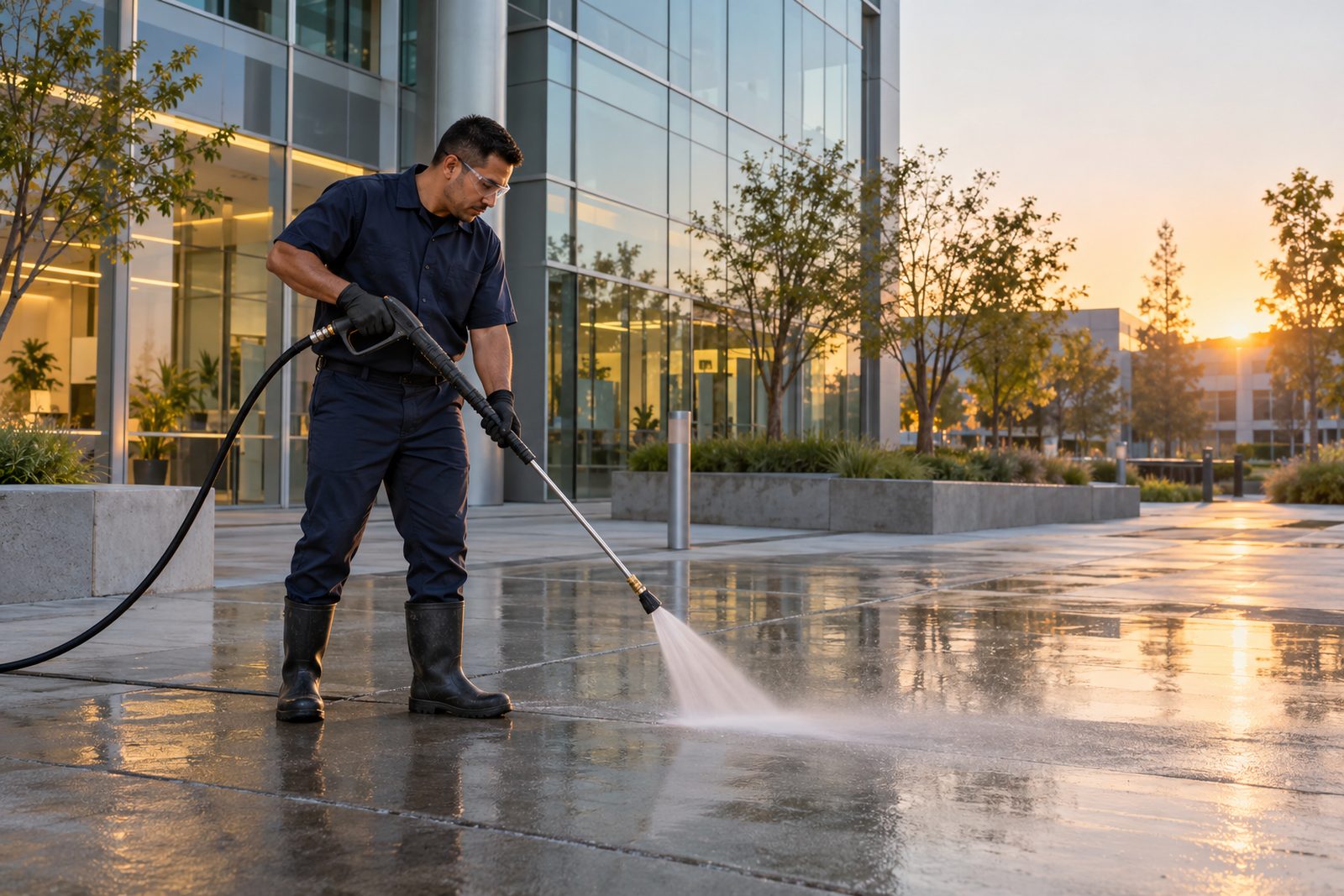 Hispanic technician in navy pressure-washing a clean concrete plaza outside a glass campus building at dawn