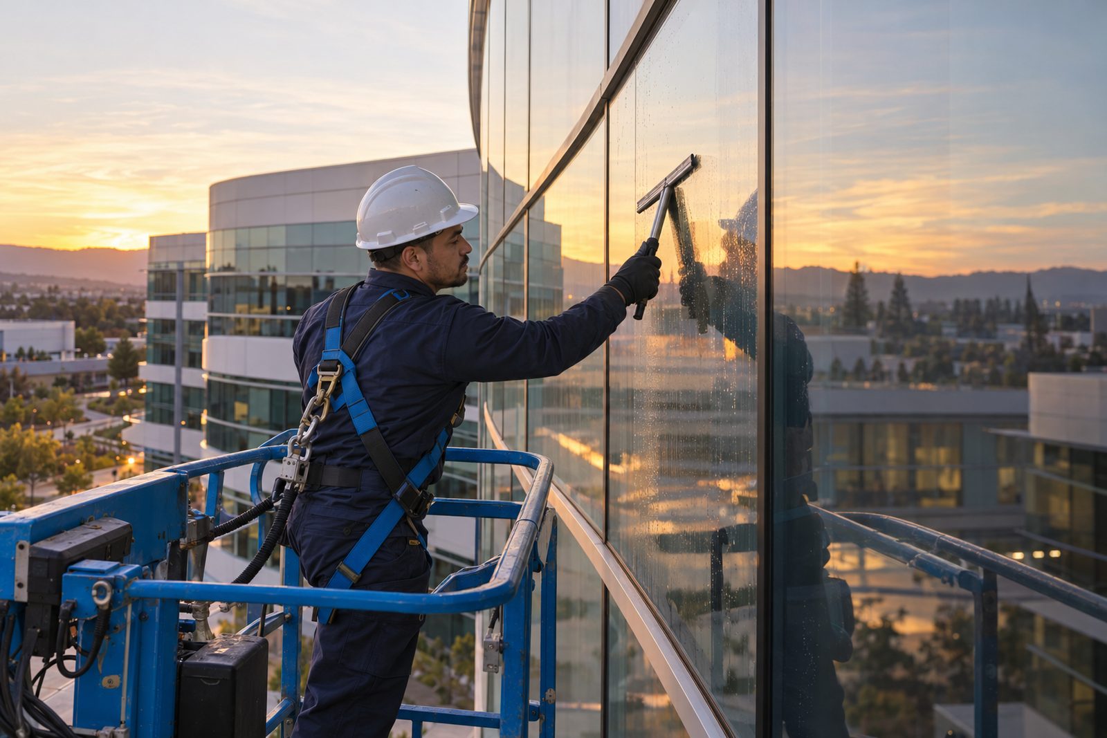 Hispanic window cleaner on a lift squeegeeing a tall curved glass facade of a biotech building at golden hour