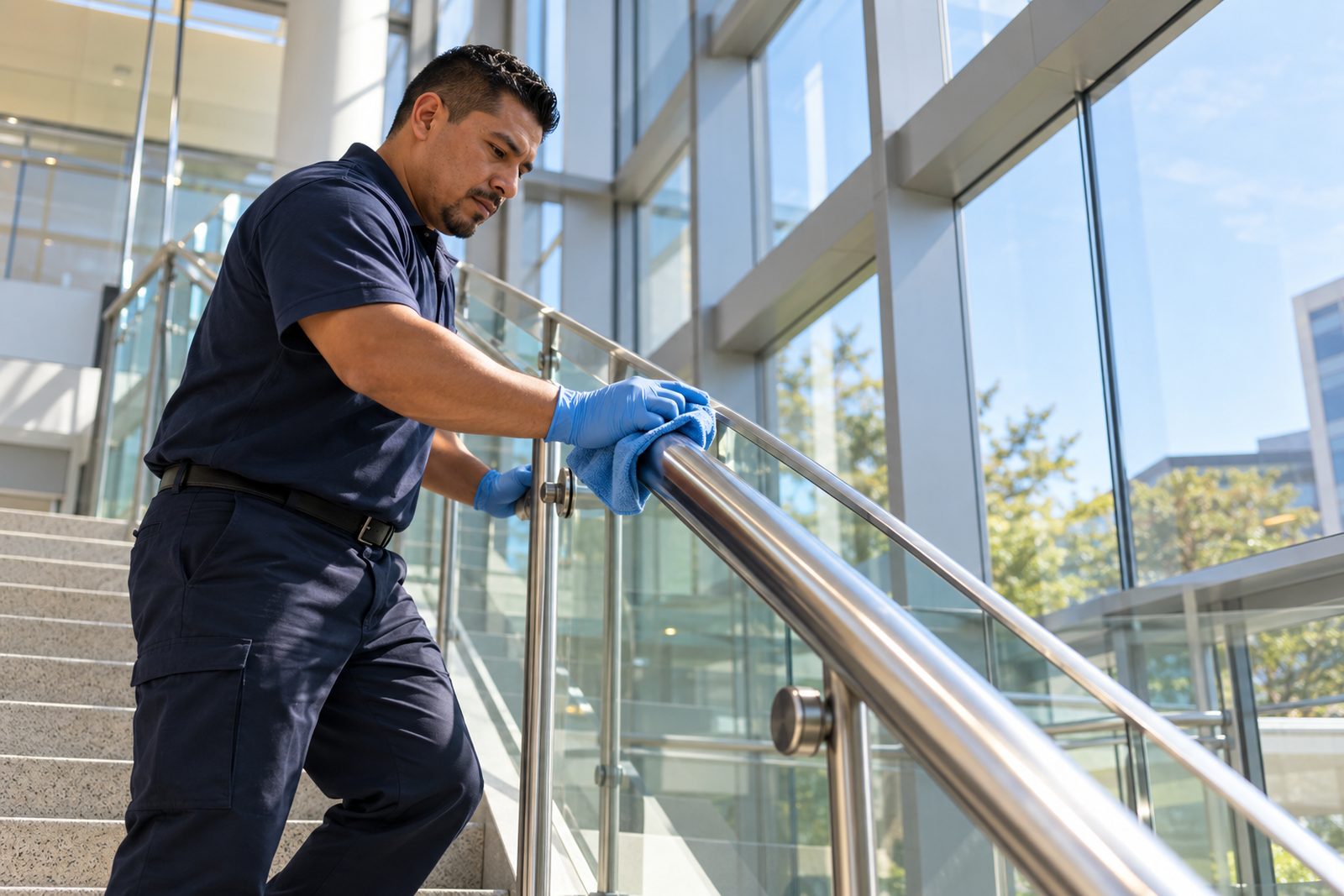 Low angle of a glass atrium stairwell with a Hispanic custodian in navy polishing the steel handrail, sunlight streaming