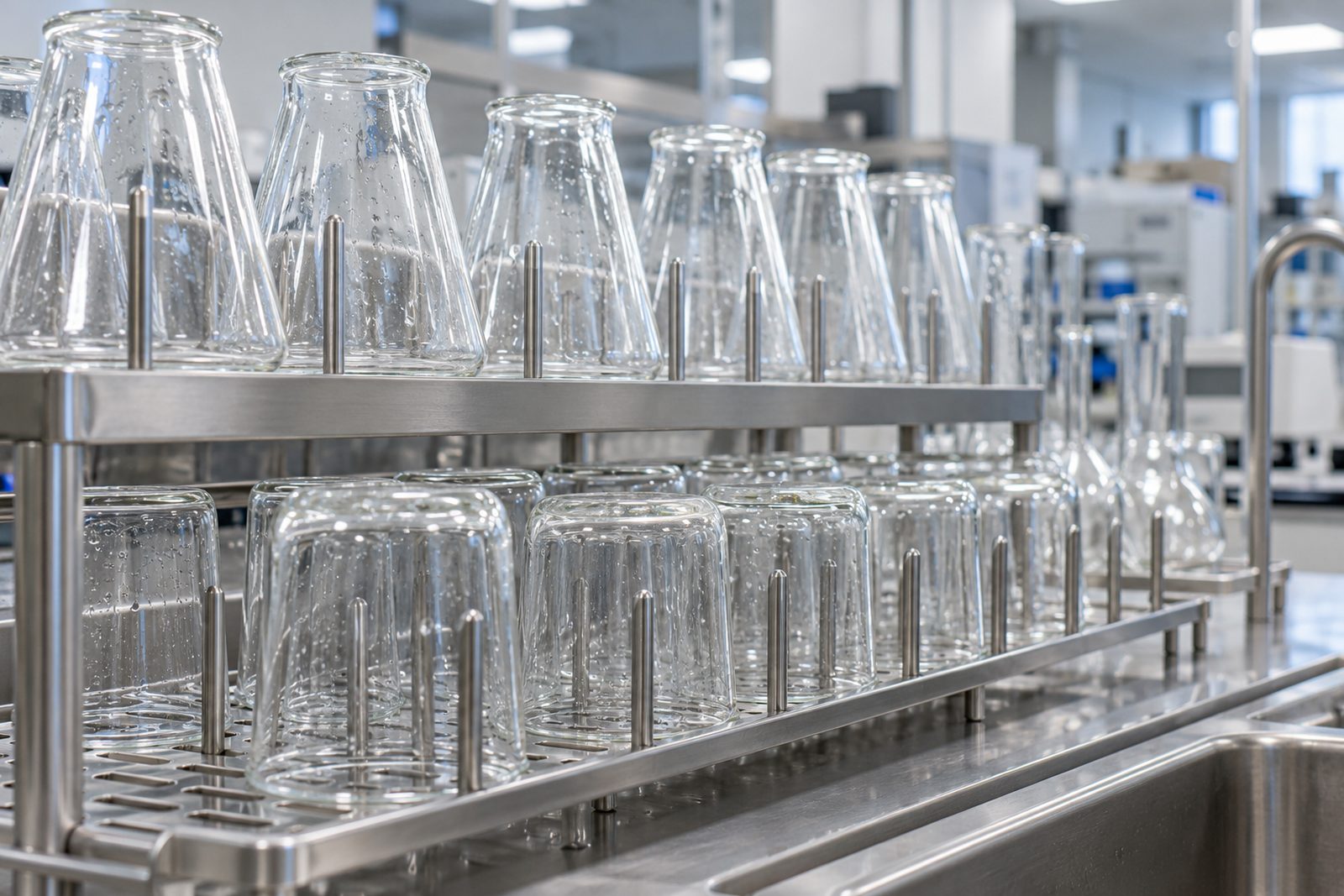 Rows of clean laboratory glassware drying on a stainless rack under soft cool light, shallow depth of field