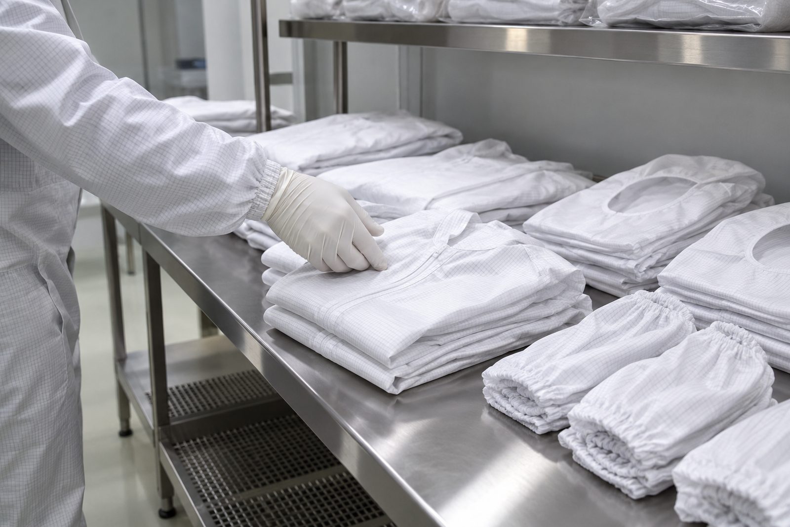 Gowning room bench with folded white coveralls, hoods and boot covers in neat rows, a gloved hand reaching for one