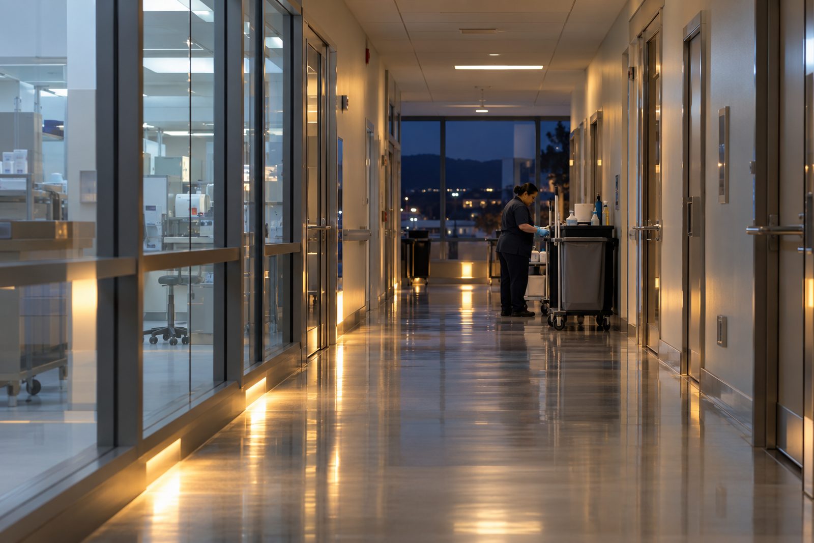 Wide hospital-style corridor at night with warm night-light floor reflections, a cleaning cart in the distance