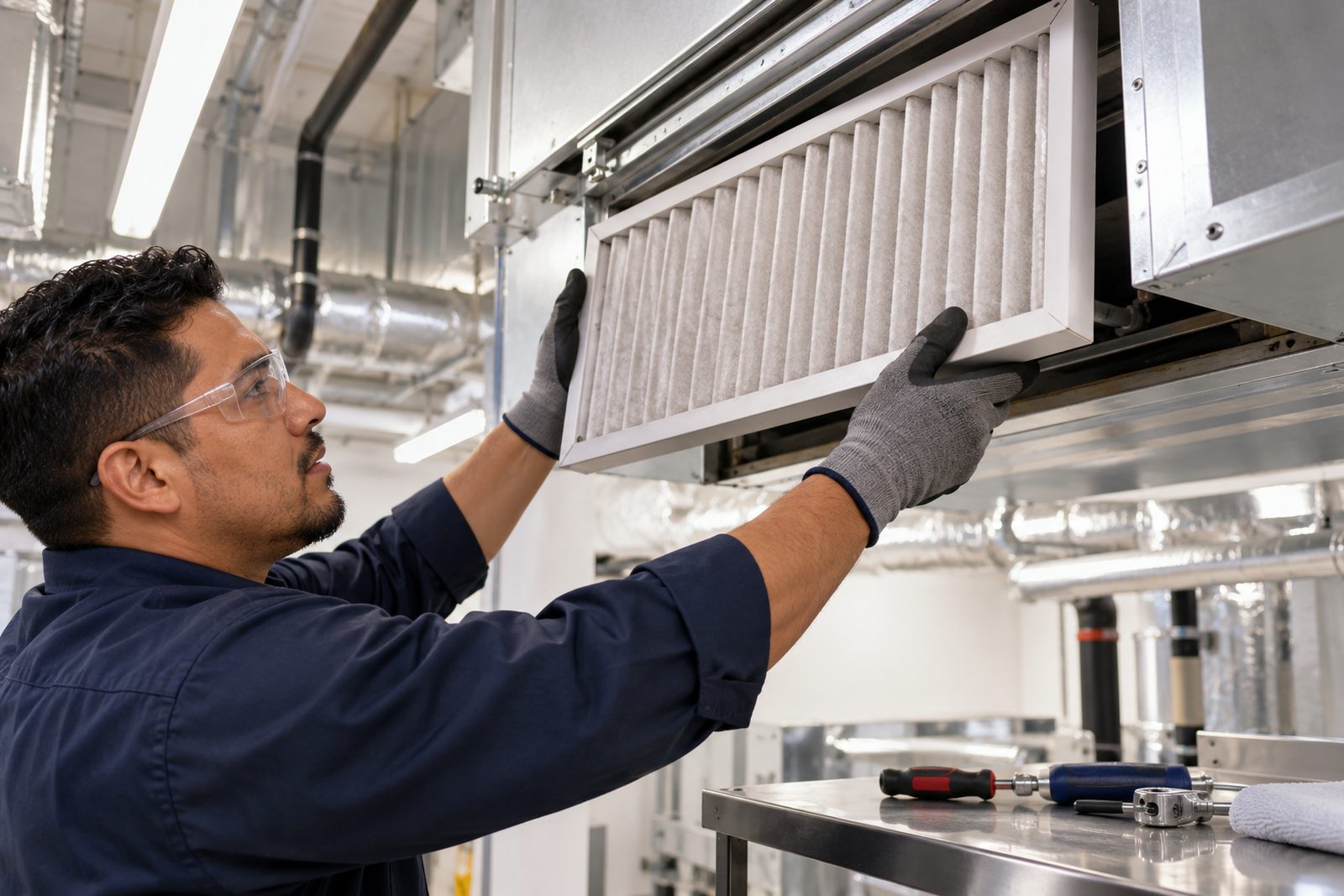 Gloved hands lifting a pleated air filter out of a ceiling unit in a bright mechanical room, tidy tools beside