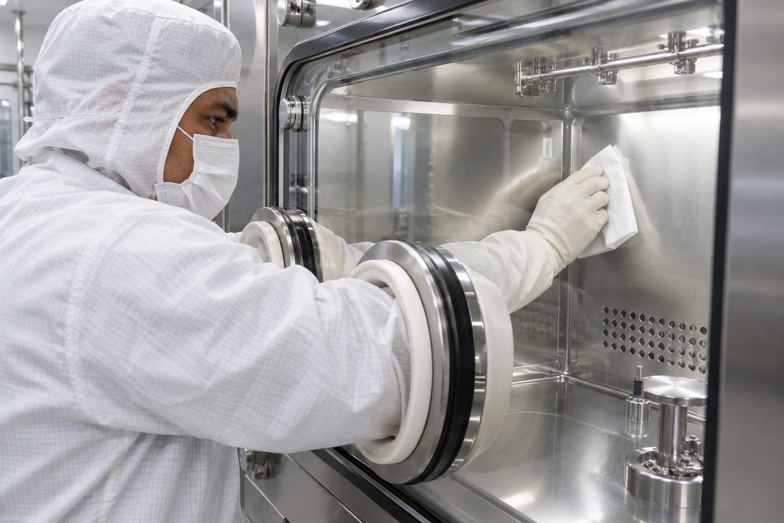 Gowned Hispanic operator in white garb wiping inside a stainless isolator through glove ports, close view