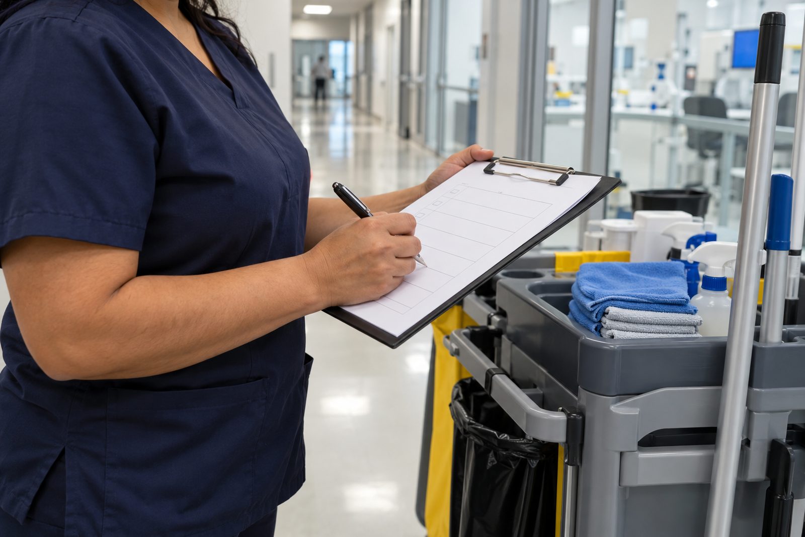 Close view of a facility manager's hands, a Hispanic woman, signing a clipboard inspection sheet beside a clean cart