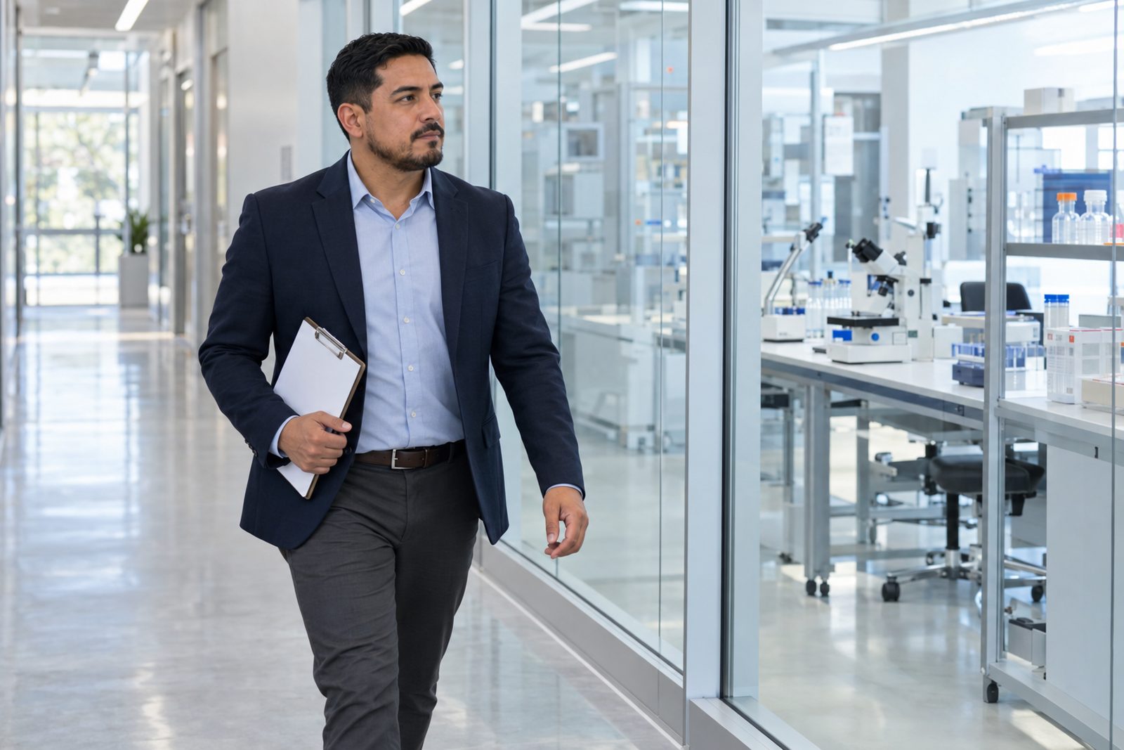 Hispanic operations manager, a man in a navy blazer, walking a bright lab corridor with a clipboard, candid, mid-stride