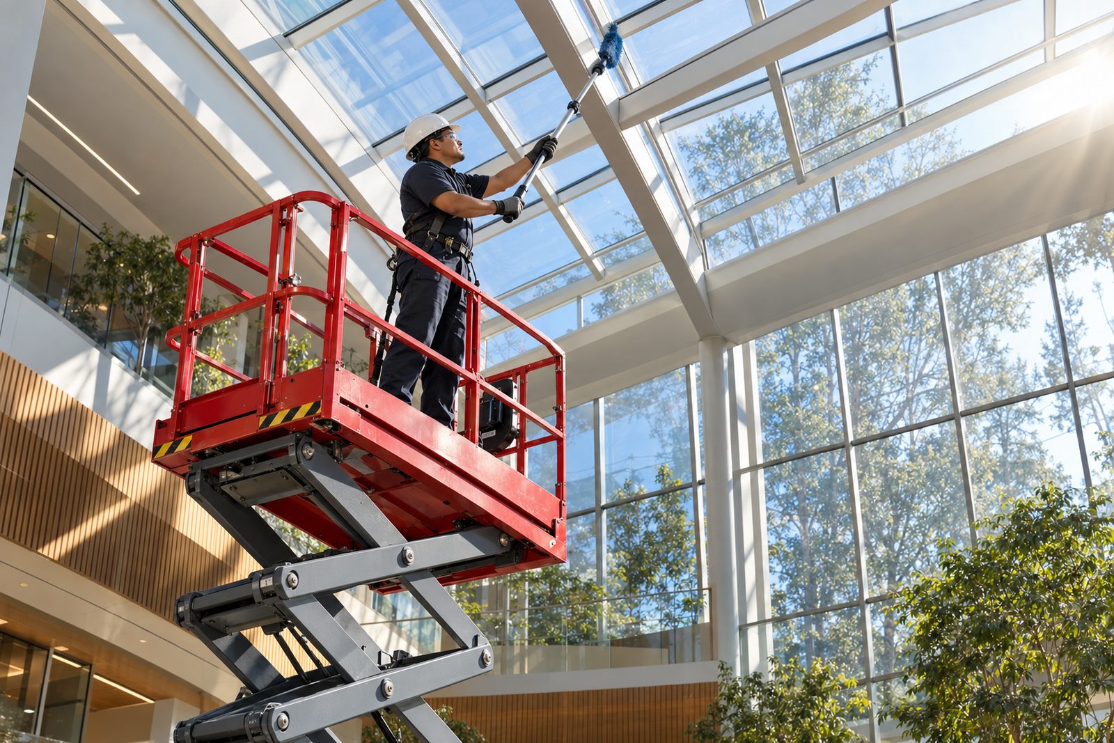 Hispanic technician on a scissor lift in a high atrium dusting an overhead glass skylight frame, sunlight rays