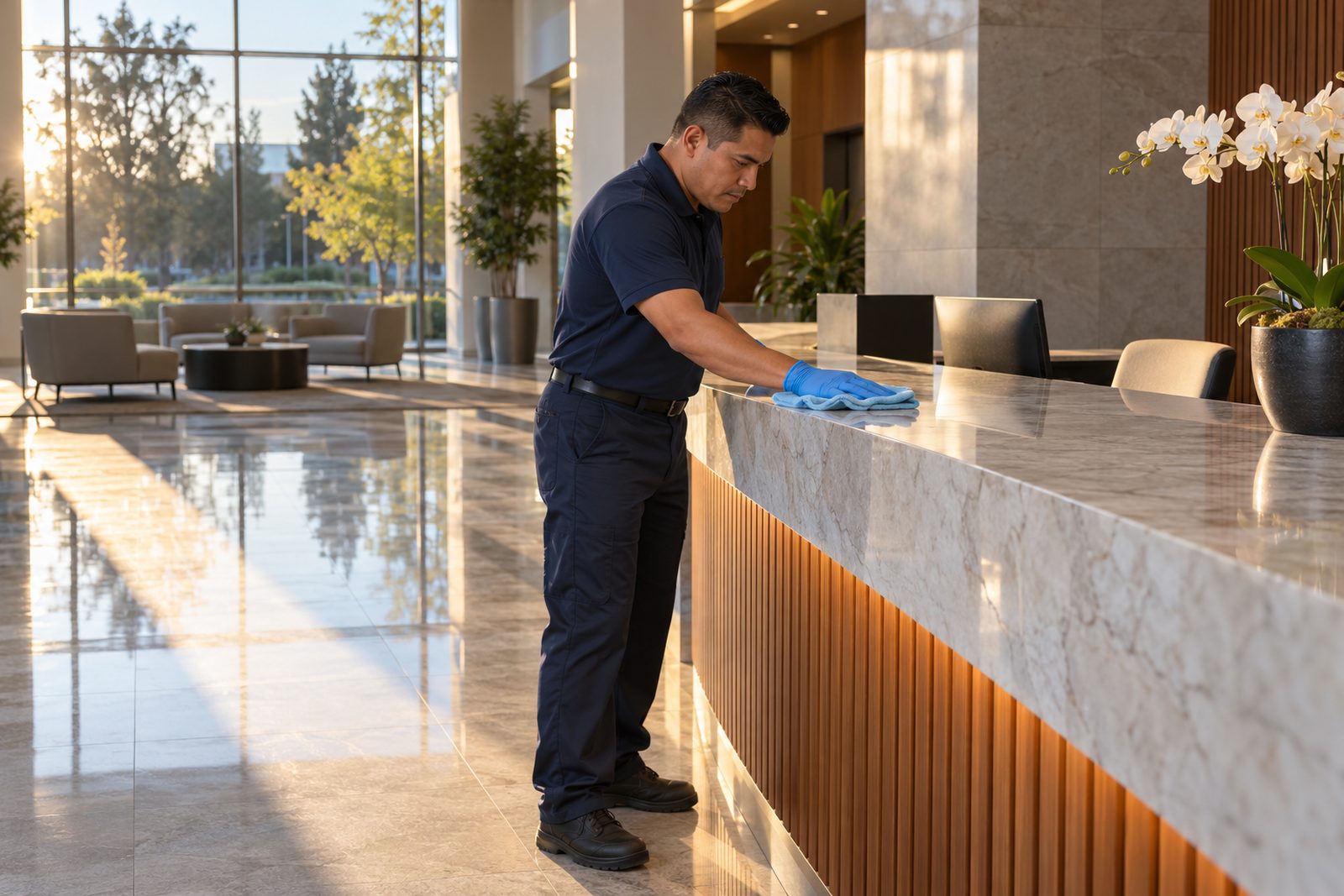 Quiet lobby at 6am with a polished stone floor and long soft shadows, a Hispanic day porter wiping a reception desk